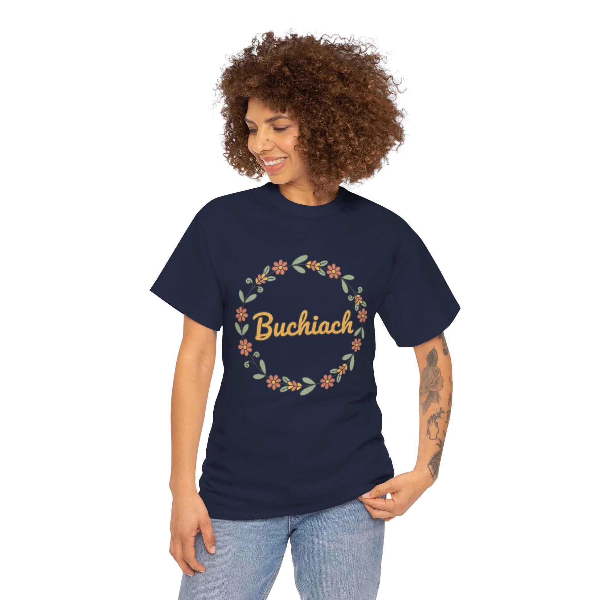 Buchiach Floral Wreath T-Shirt — Retro Script Garden Tee Printify