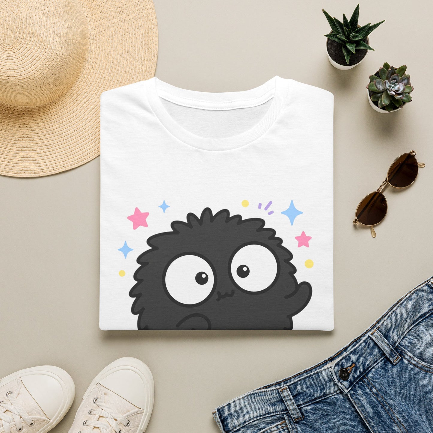 Cute Black Fuzzball T-Shirt — Kawaii Monster Tee with Stars