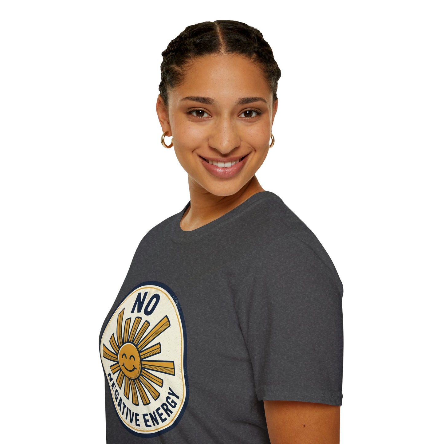 No Negative Energy T-Shirt — Retro Smiling Sun Positive Vibes Tee