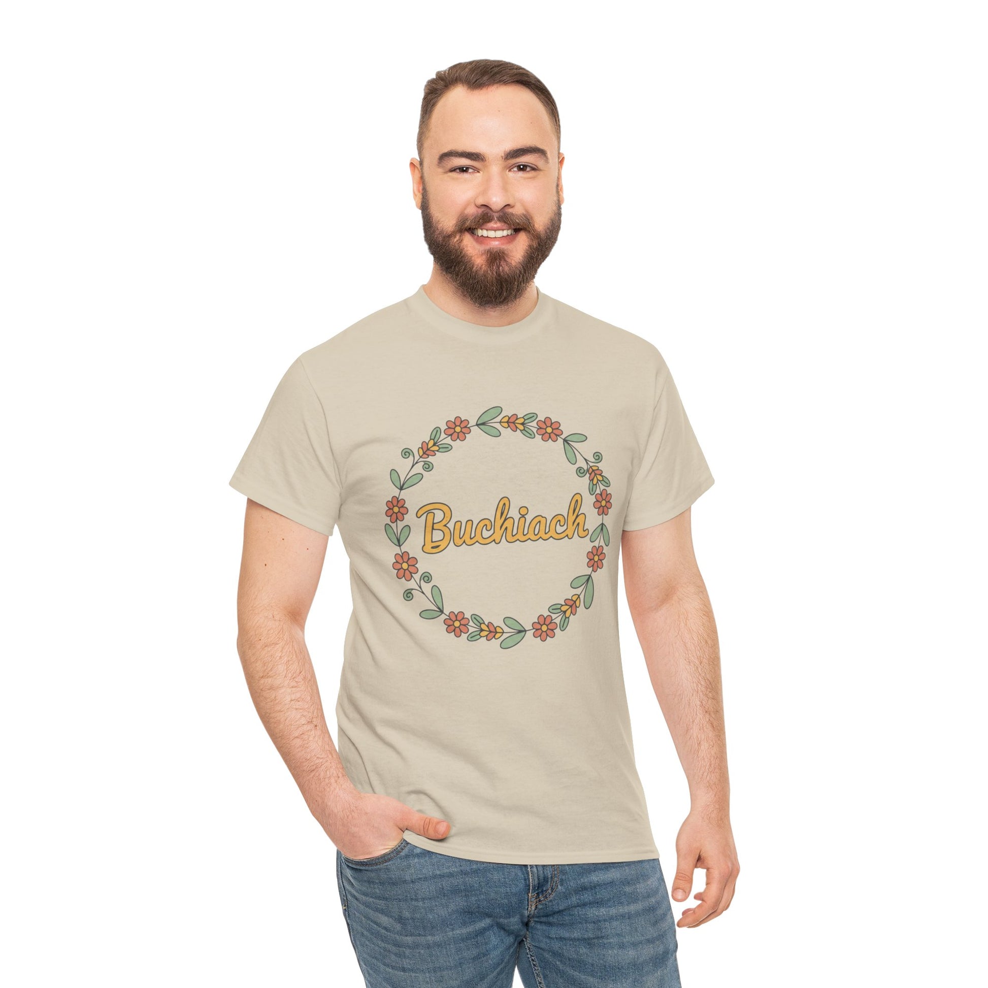 Buchiach Floral Wreath T-Shirt — Retro Script Garden Tee Printify