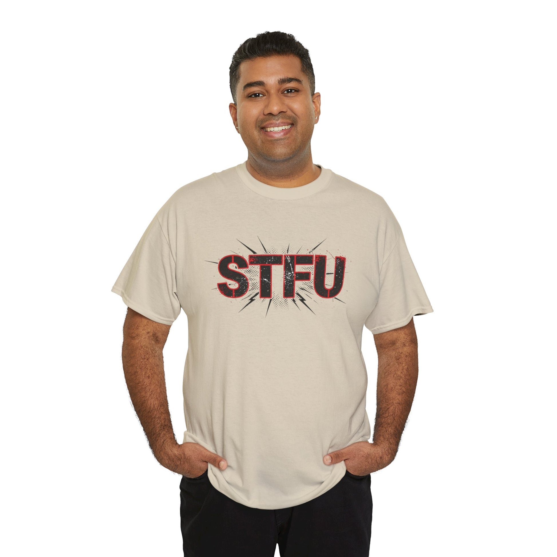 STFU Graphic Tee — Bold Distressed Text Shirt for Statement Style Printify