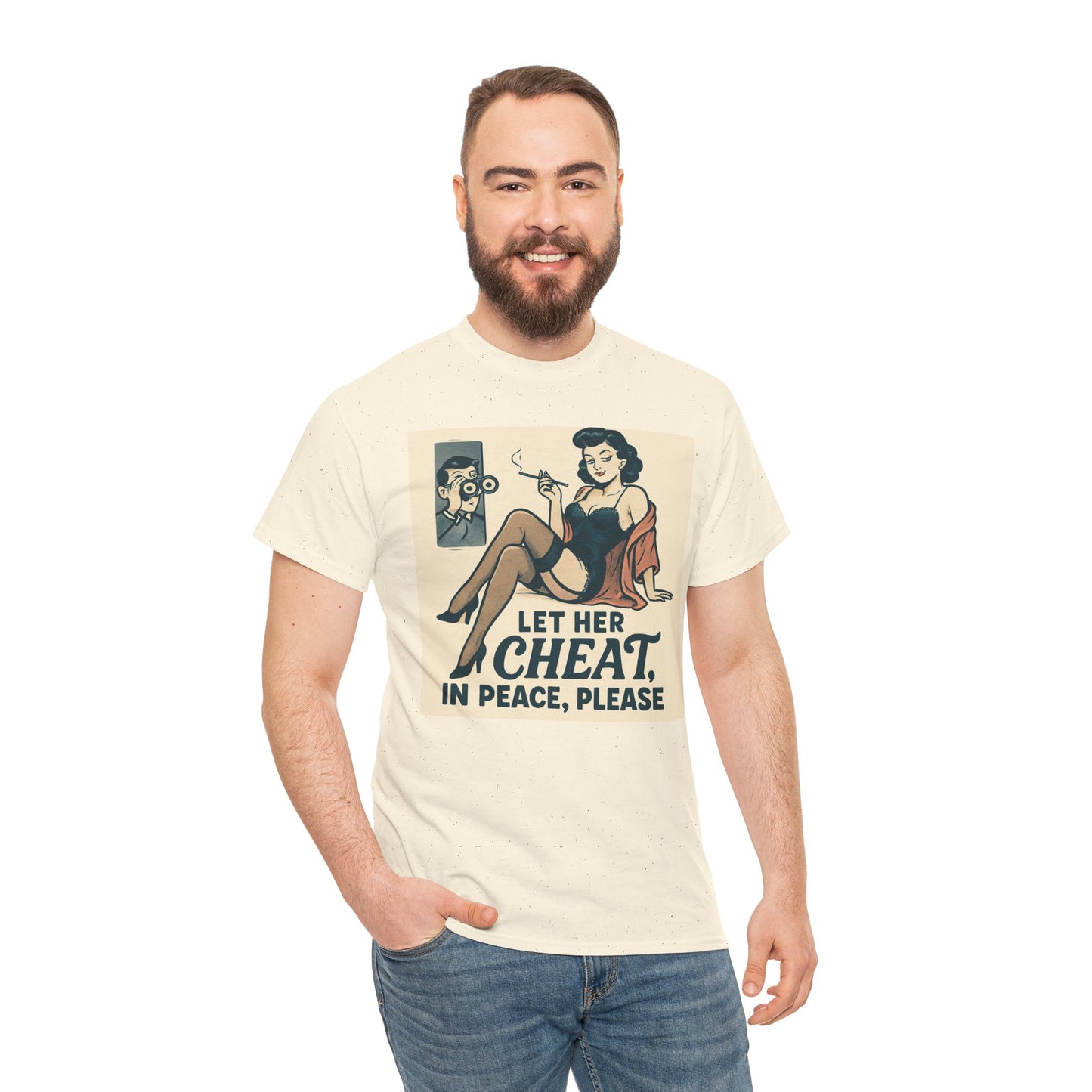 T-Shirt — Vintage Pinup “Let Her Cheat in Peace, Please” Graphic Tee