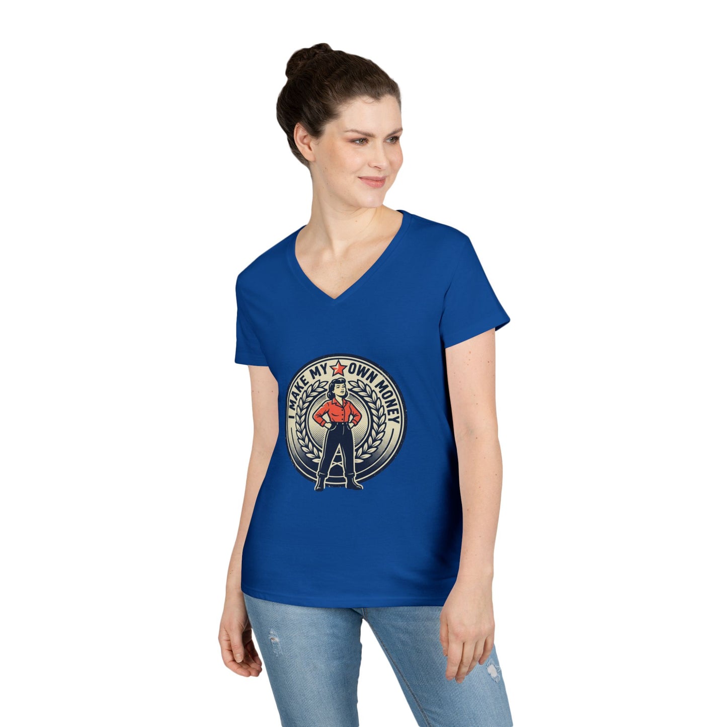 Ladies' V-Neck T-Shirt — "I Make My Own Money" Empowered Retro Worker Graphic Tee