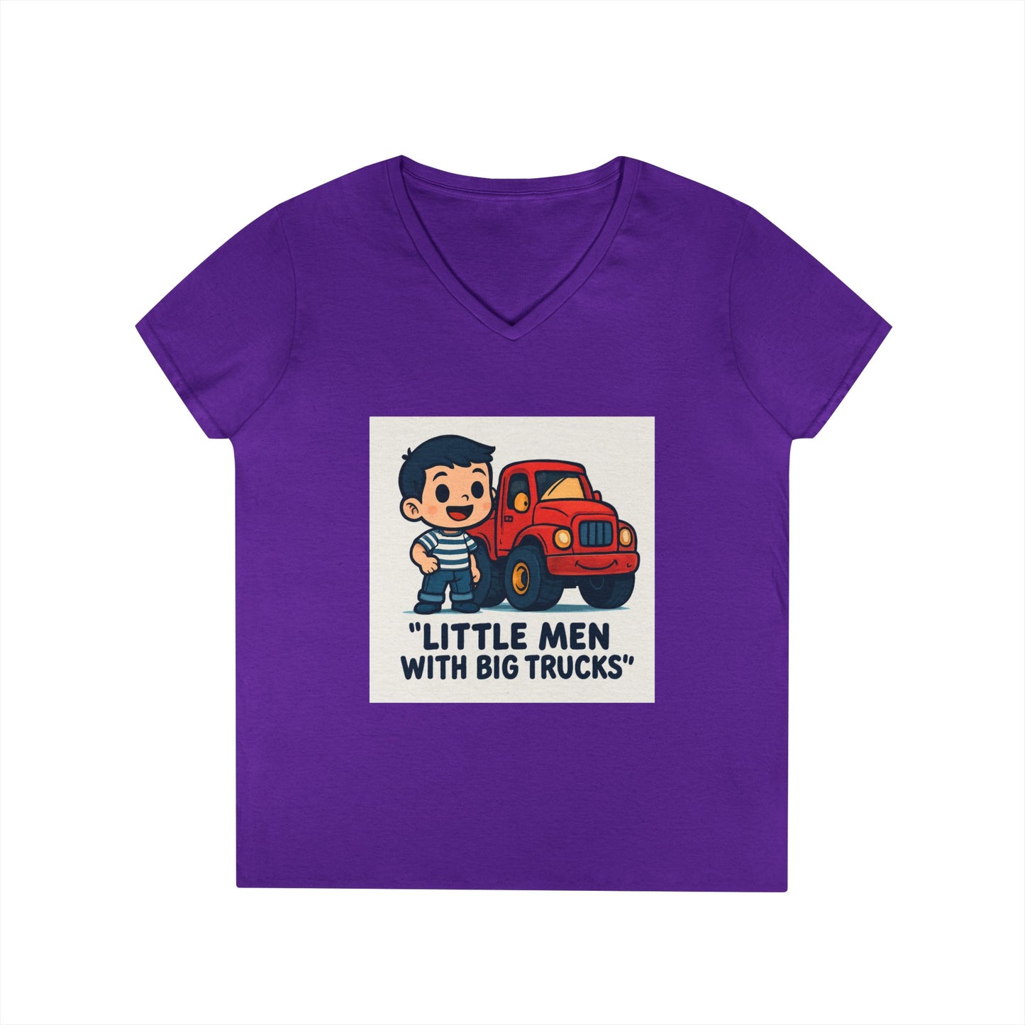 Ladies' V-Neck T-Shirt — "Little Men with Big Trucks" Cute Retro Truck Tee for Kids & Moms Printify
