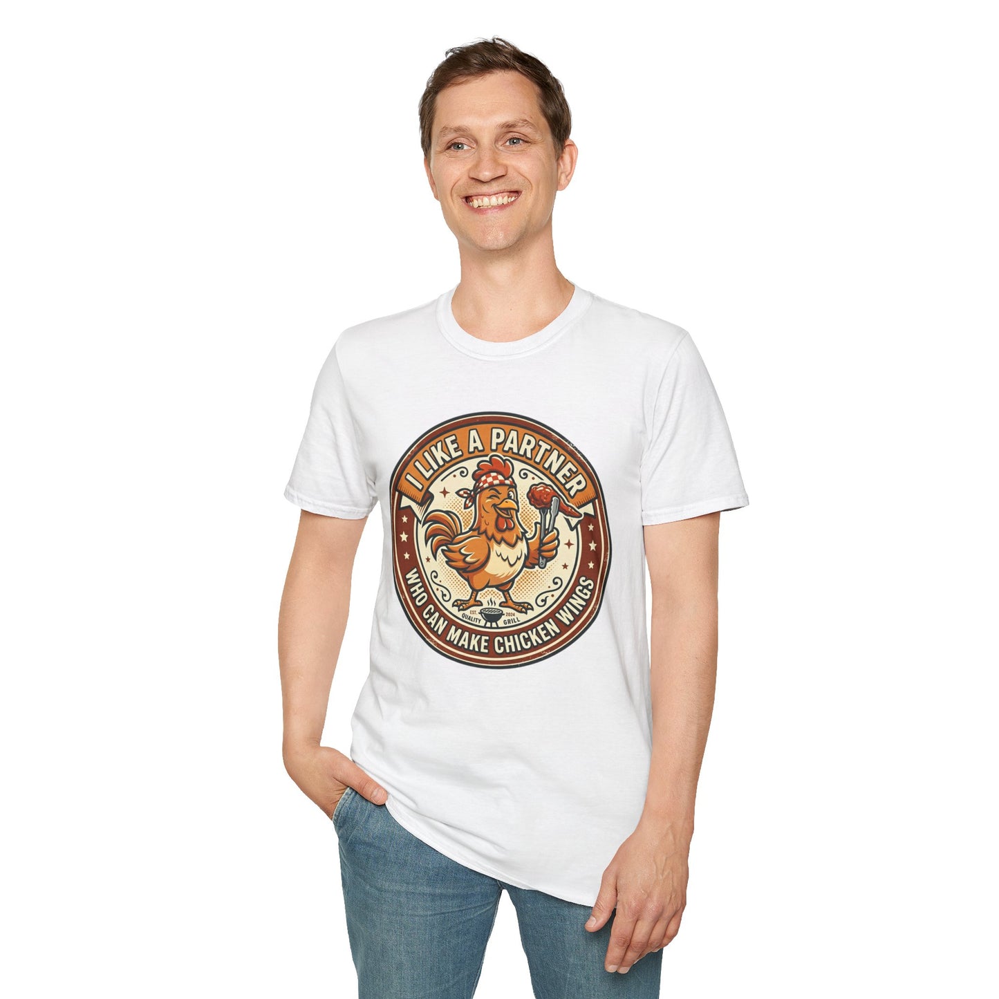 Funny Chicken Wings T-Shirt — "I Like A Partner Who Can Make Chicken Wings" Crew Tee