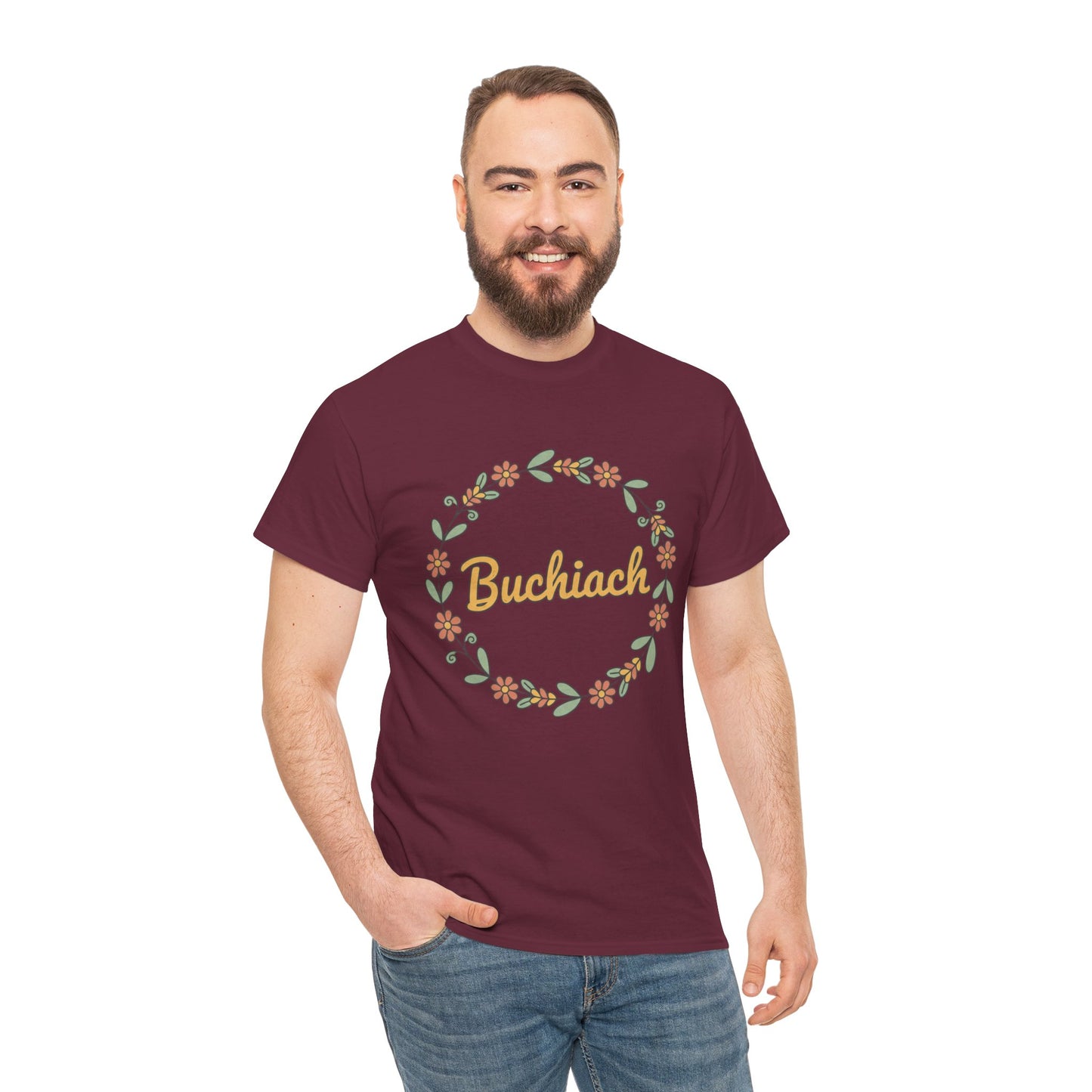 Buchiach Floral Wreath T-Shirt — Retro Script Garden Tee Printify