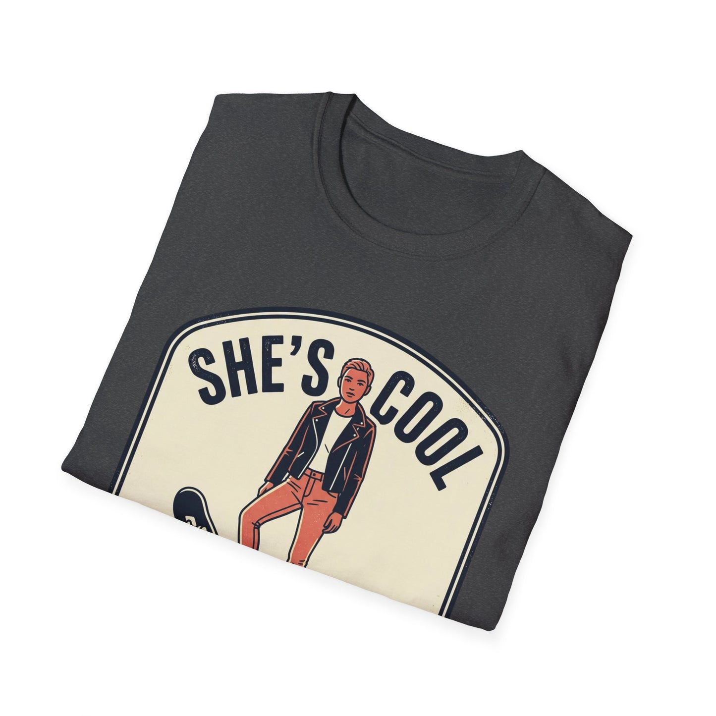 She's Cool Skateboarder T-Shirt — "She's Cool, She Can Ride On It" Retro Graphic Tee