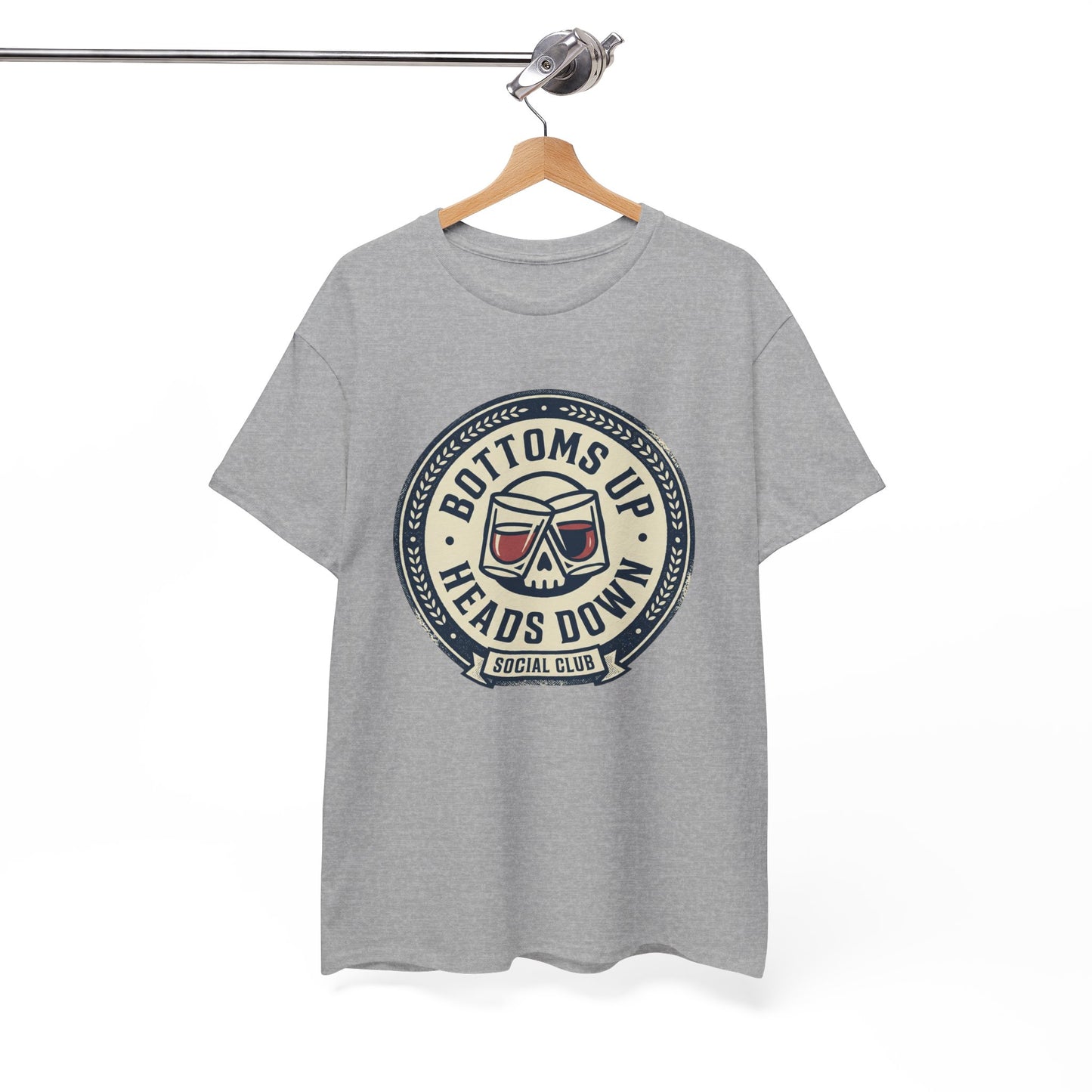 "Bottoms Up Heads Down" Skull Beer Logo Tee