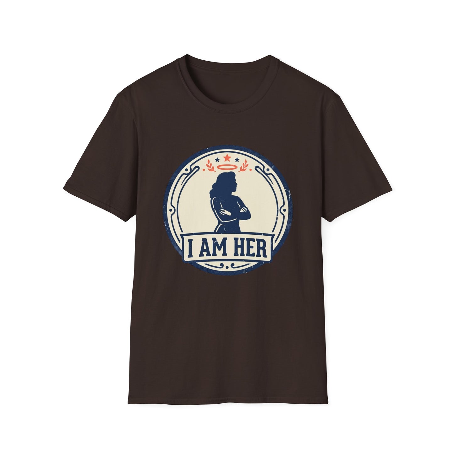 I Am Her Women’s T-Shirt — Empowering Mom & Woman Pride Vintage Badge Tee