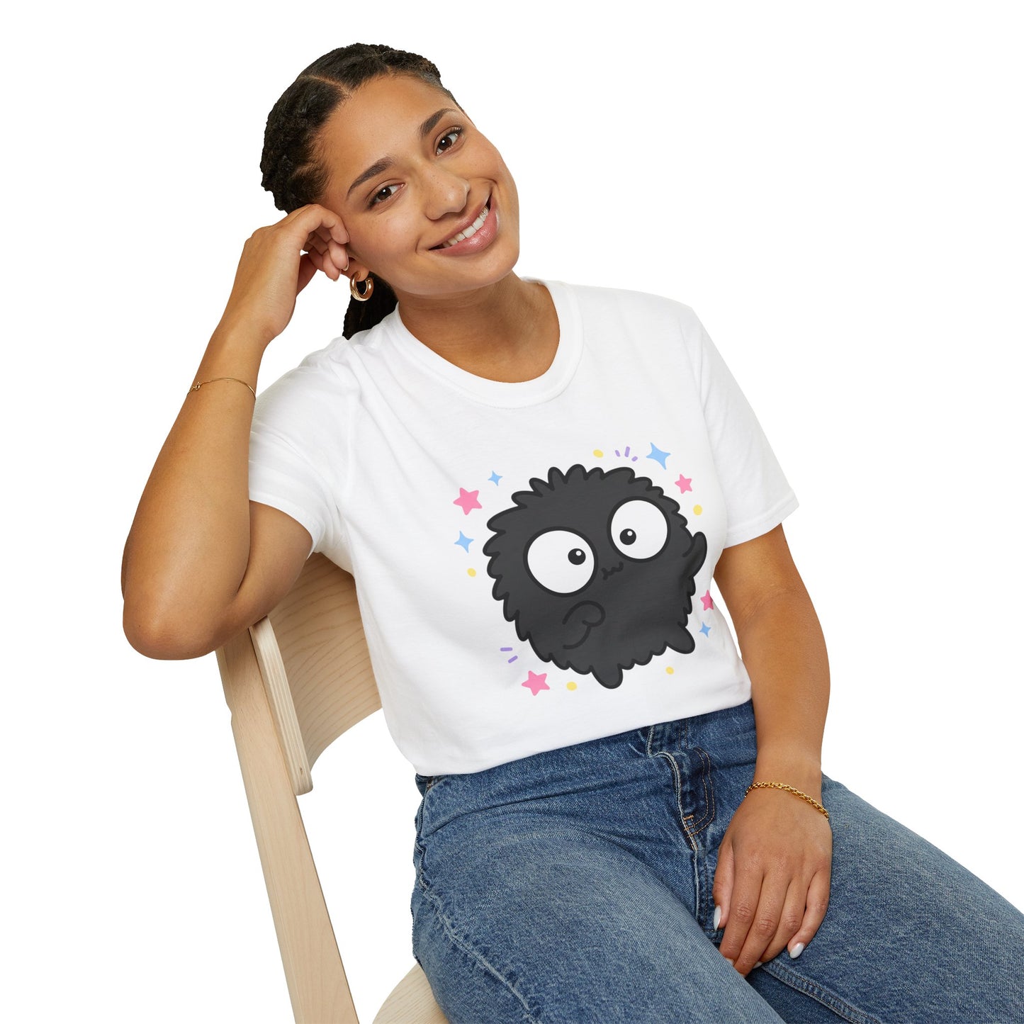 Cute Black Fuzzball T-Shirt — Kawaii Monster Tee with Stars