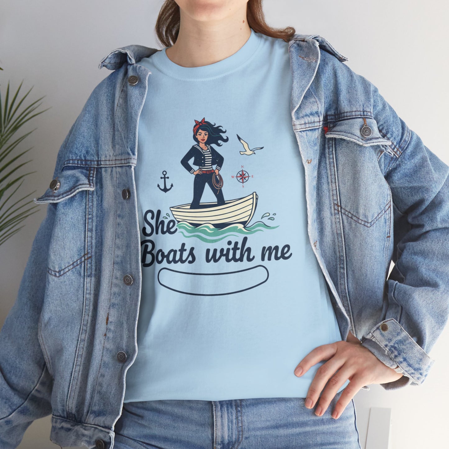 T-Shirt — "She Boats With Me" Nautical Couple Tee Printify