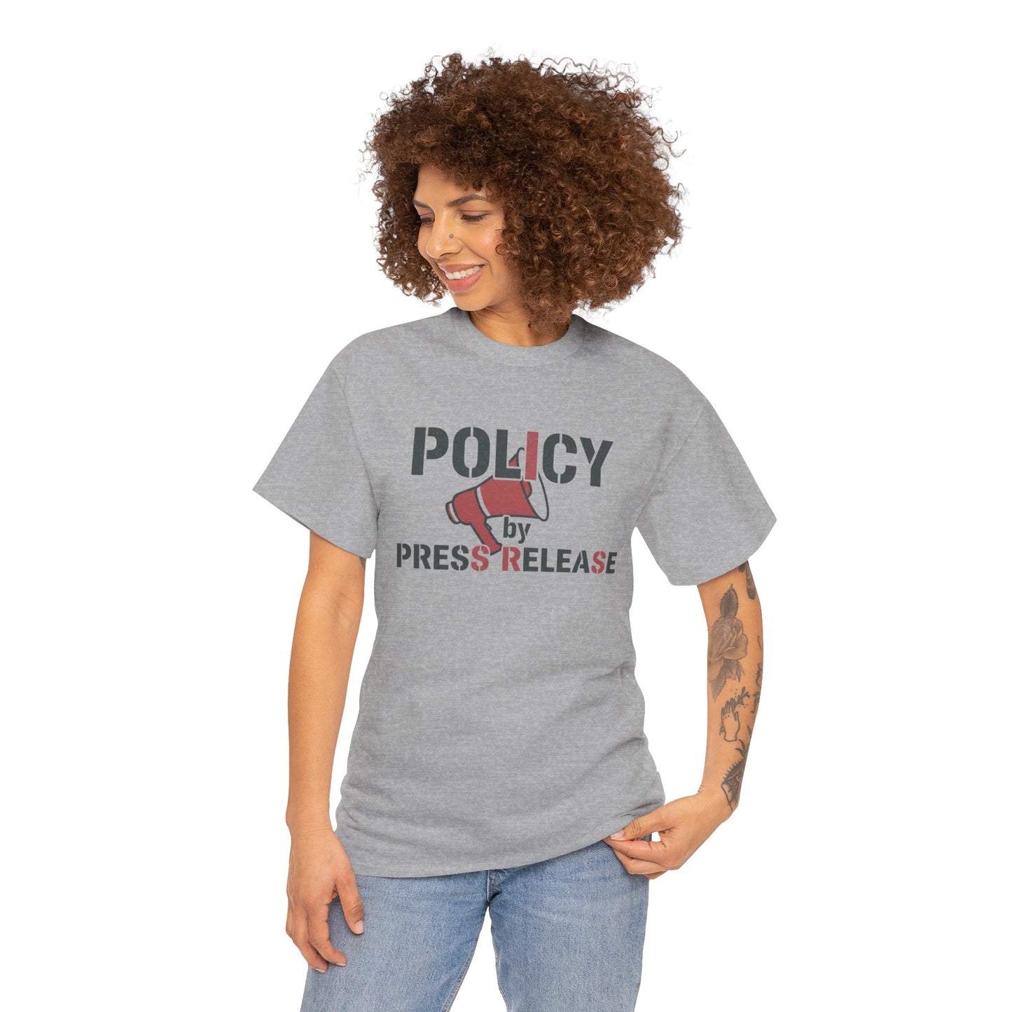 Policy by Press Release Tee — Political Satire Graphic T‑Shirt Printify