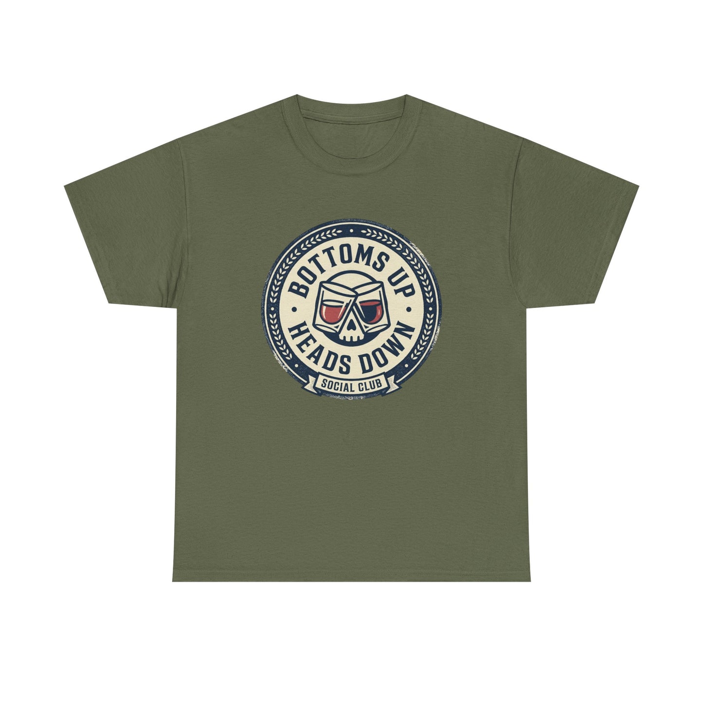 "Bottoms Up Heads Down" Skull Beer Logo Tee