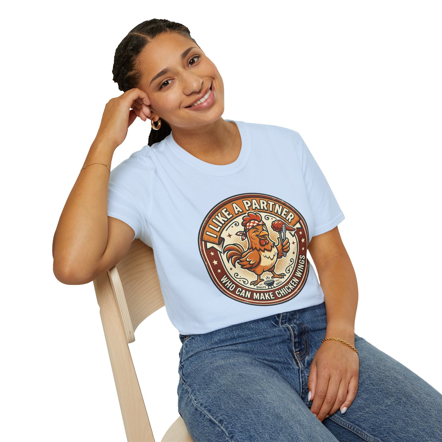 Funny Chicken Wings T-Shirt — "I Like A Partner Who Can Make Chicken Wings" Crew Tee