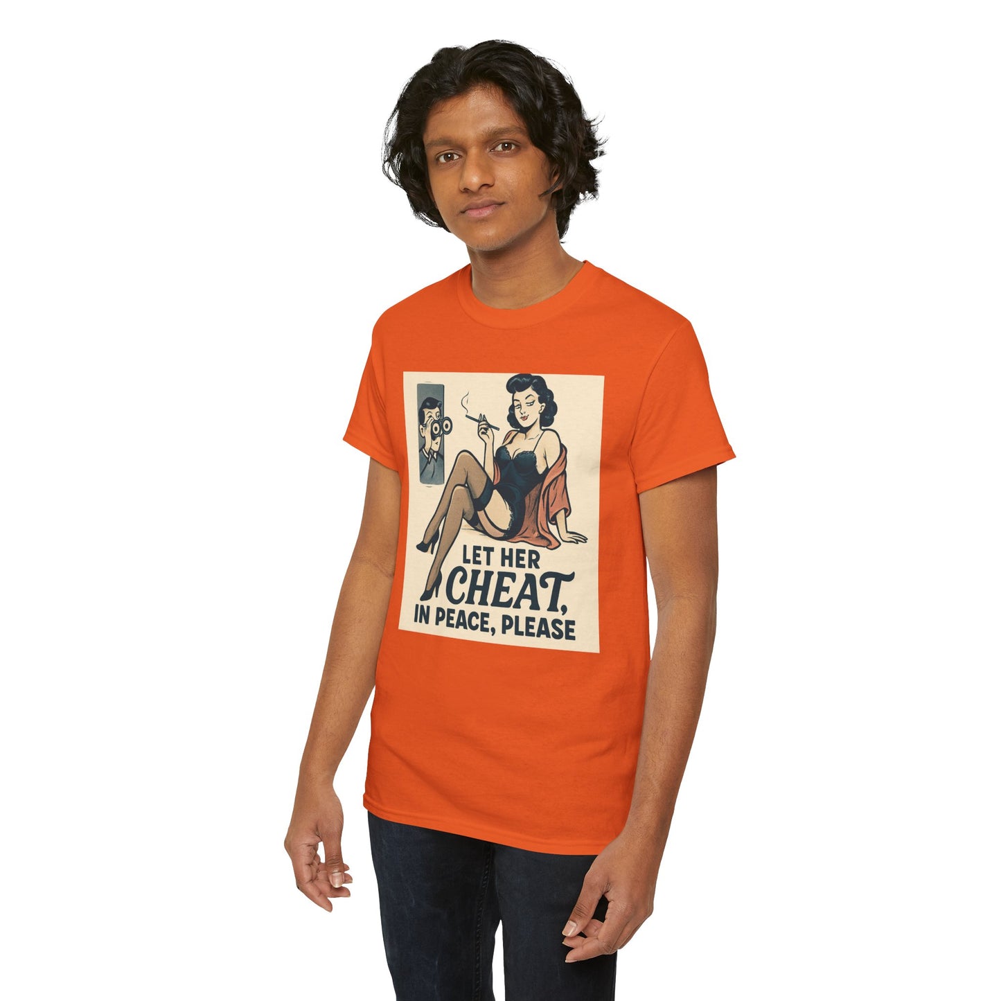 T-Shirt — Vintage Pinup “Let Her Cheat in Peace, Please” Graphic Tee