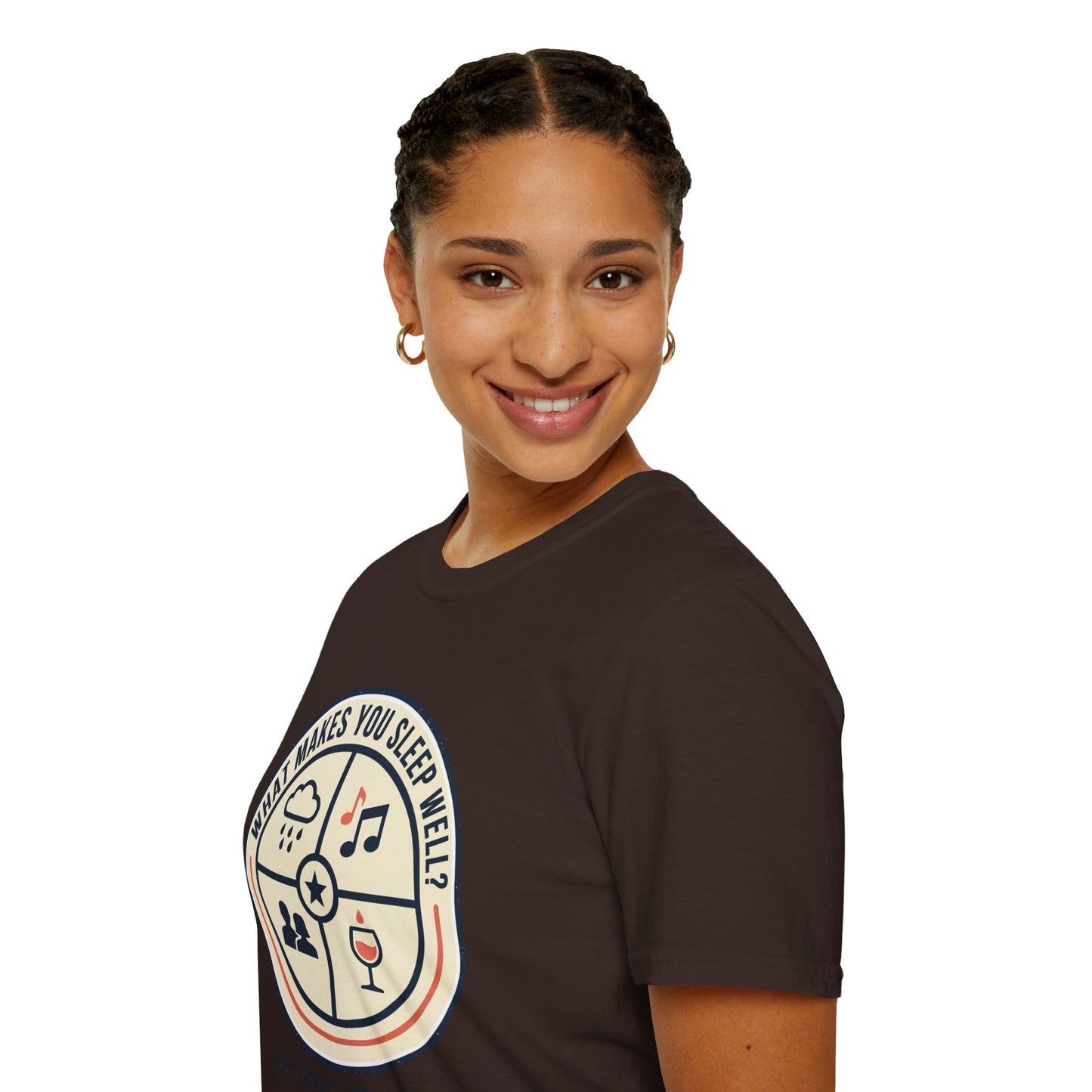 "What Makes You Sleep Well?" Rain, Music, Sex, Drink Graphic-Sleep Essentials T‑Shirt