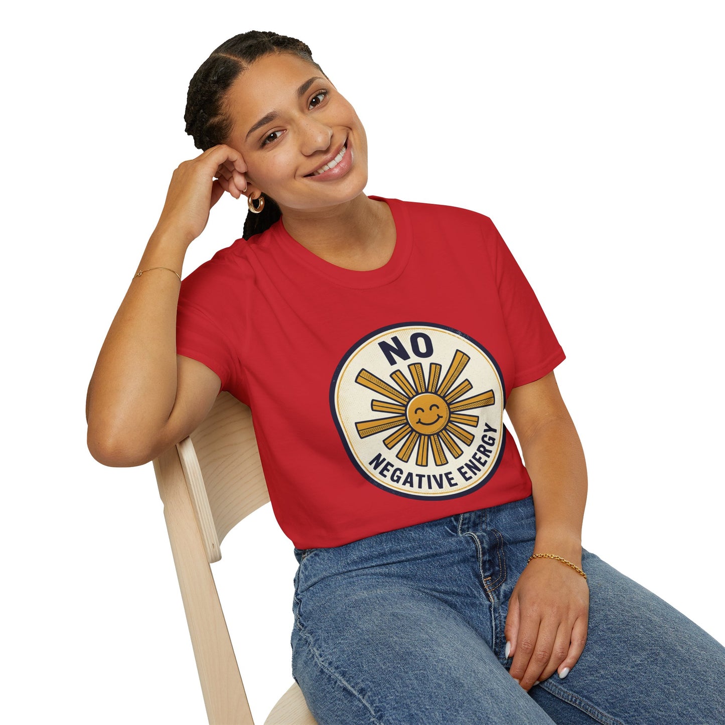 No Negative Energy T-Shirt — Retro Smiling Sun Positive Vibes Tee