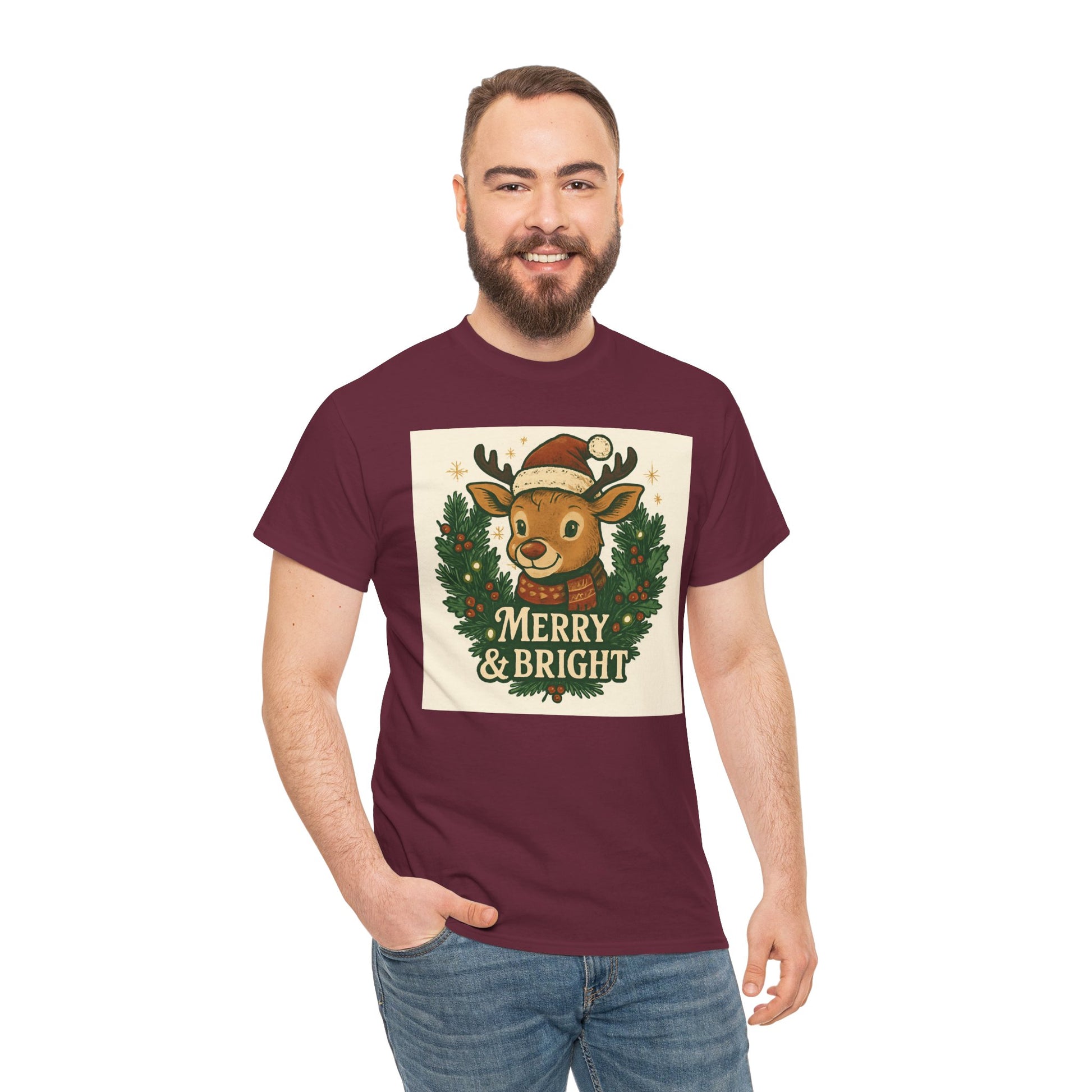 Merry & Bright Reindeer Christmas T-Shirt Printify