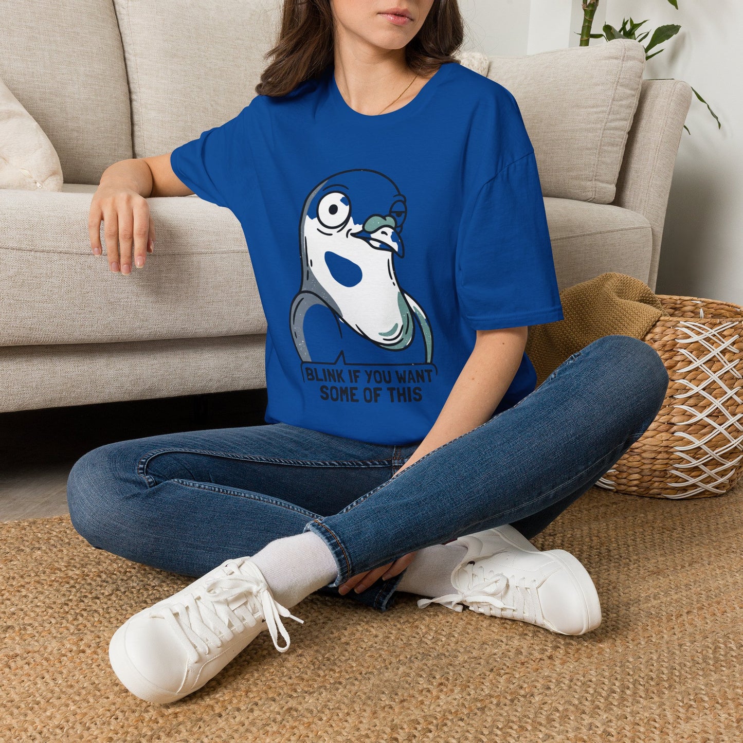 Pigeon Meme T‑Shirt — “Blink If You Want Some Of This” Funny Graphic Tee