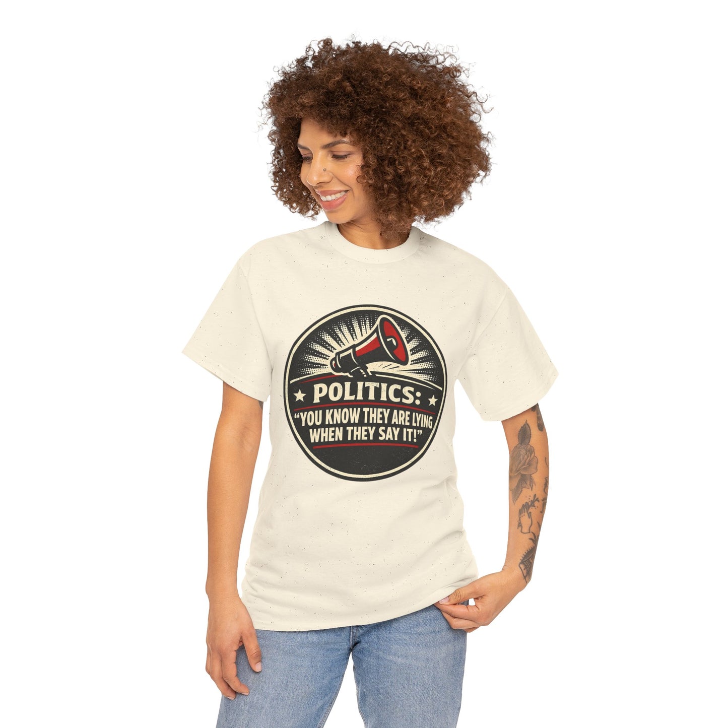 Political Satire T-Shirt — "Politics: You Know They Are Lying When They Say It" Retro Megaphone Tee