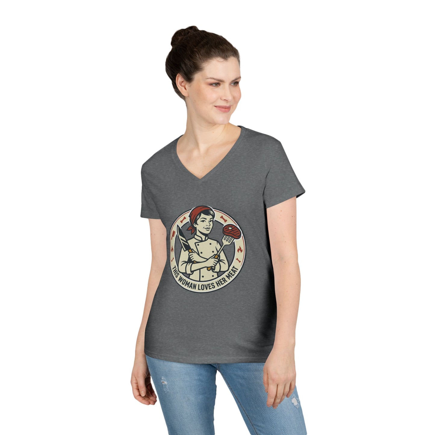 Ladies' V-Neck T-Shirt — "This Woman Loves Her Meat" Chef Graphic Tee