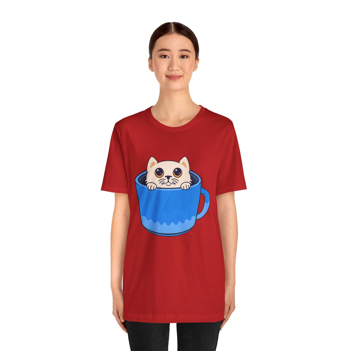 Cat in a Blue Mug T‑Shirt — Cute Kawaii Kitten Tee