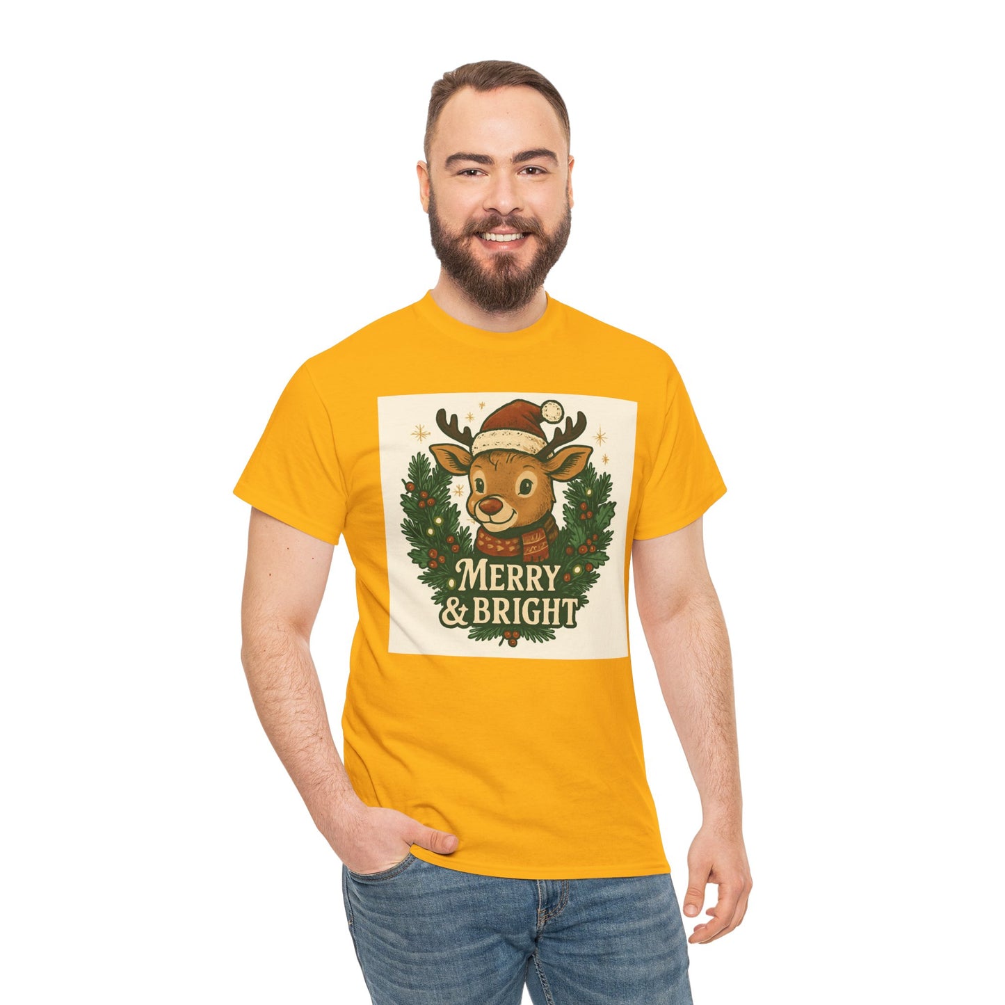 Merry & Bright Reindeer Christmas T-Shirt Printify