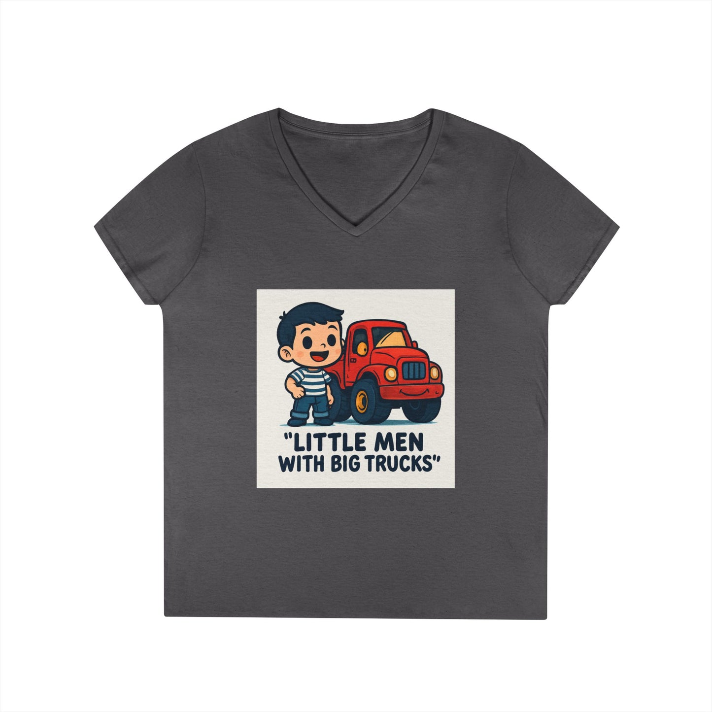Ladies' V-Neck T-Shirt — "Little Men with Big Trucks" Cute Retro Truck Tee for Kids & Moms Printify