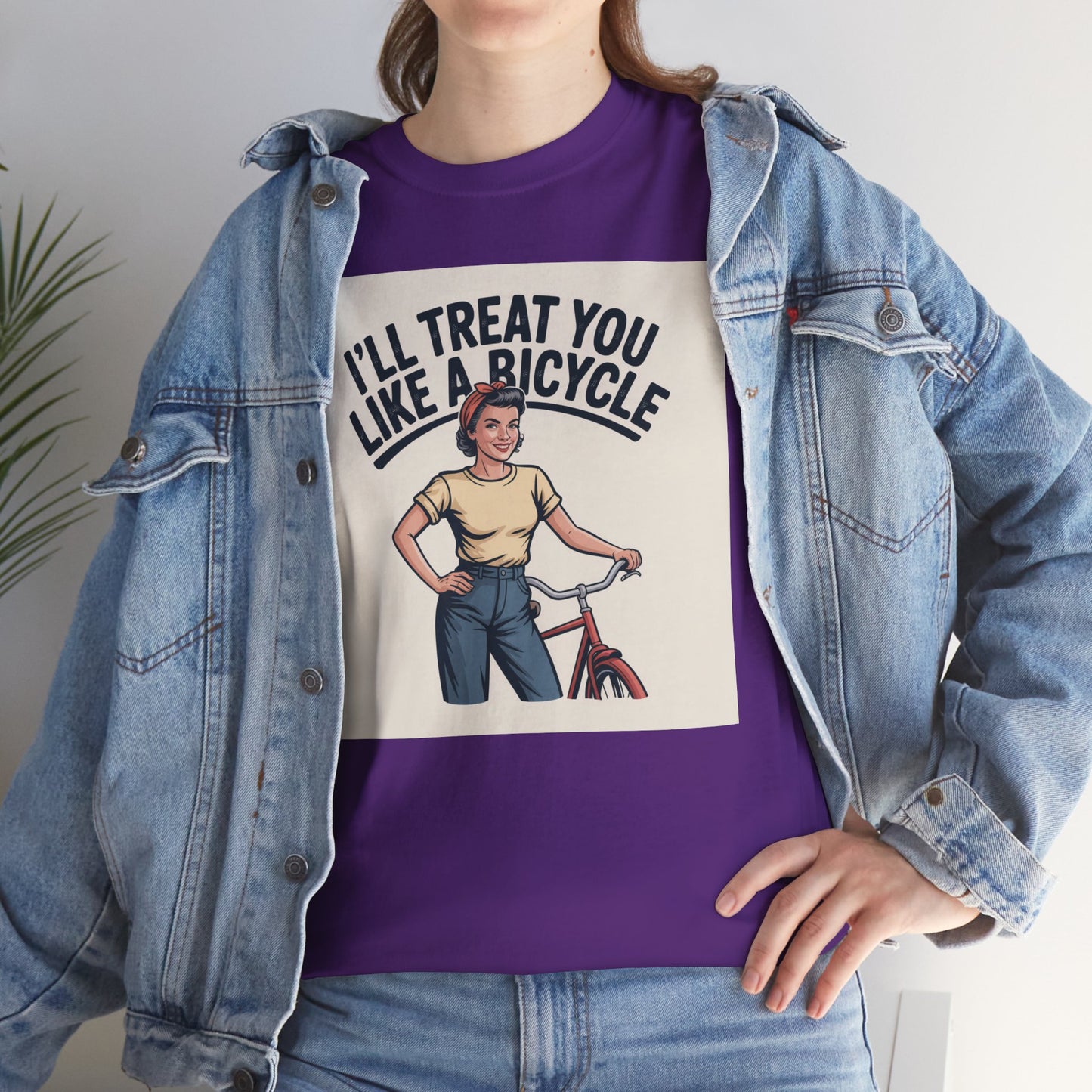 I'll Treat You Like a Bicycle Tee — Vintage Woman Biker Graphic T-Shirt