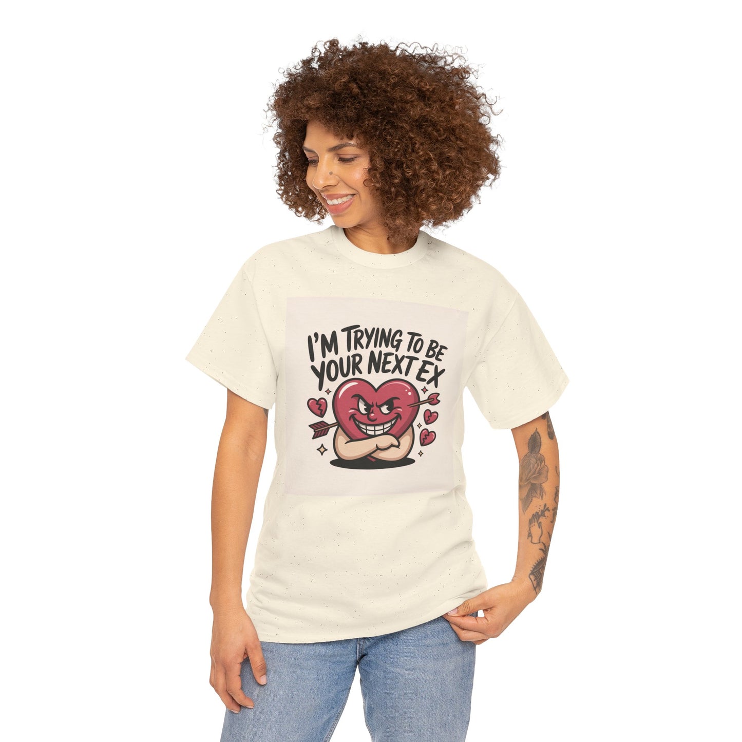 Valentine Heart Character Tee — "I'm Trying To Be Your Next Ex" Graphic T-Shirt Printify