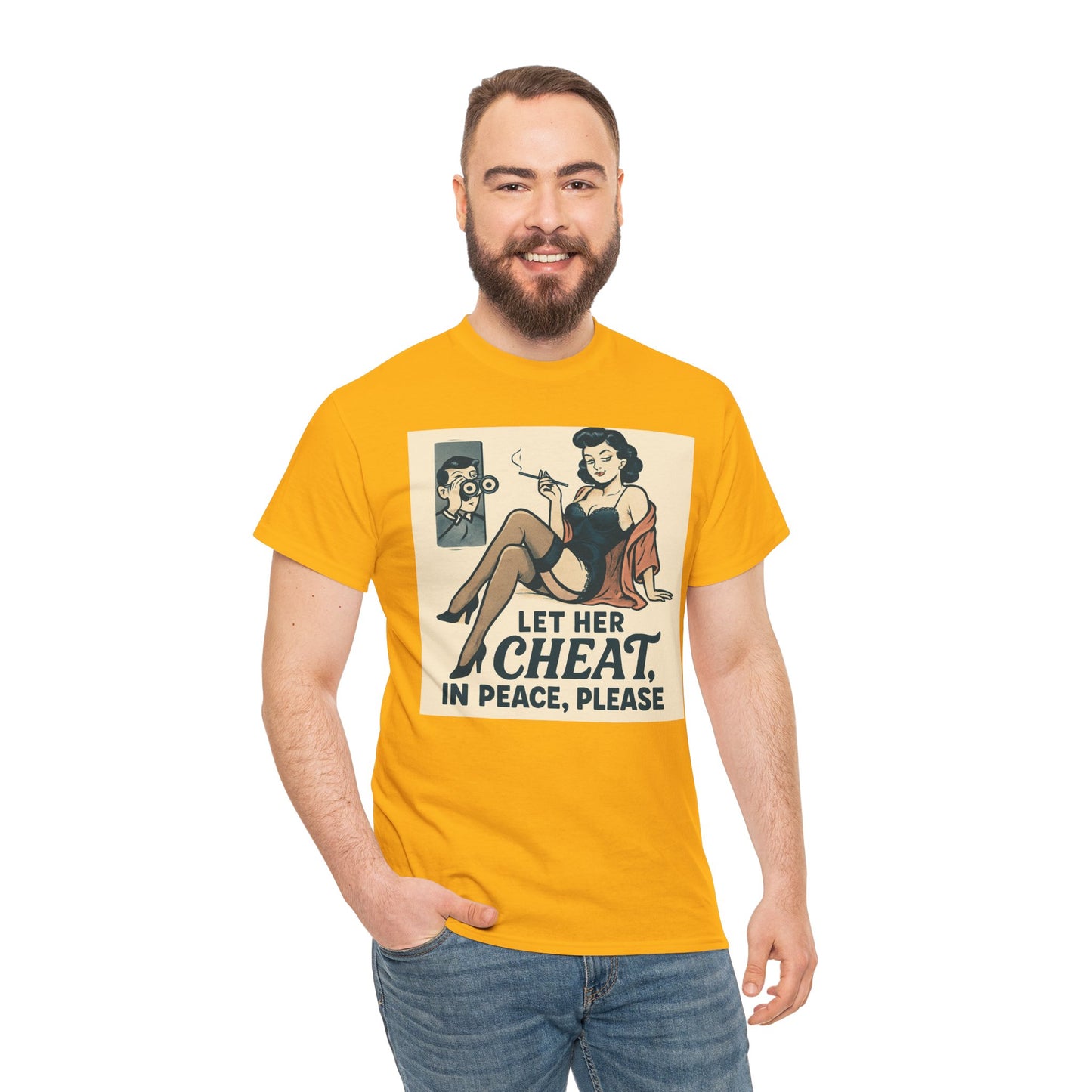 T-Shirt — Vintage Pinup “Let Her Cheat in Peace, Please” Graphic Tee