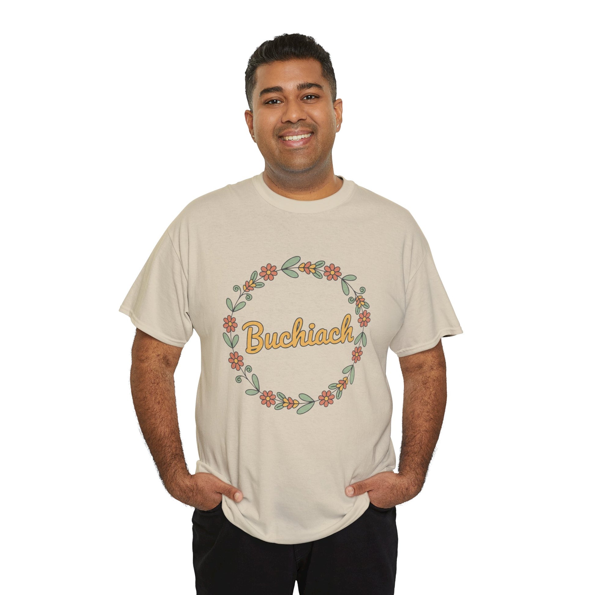 Buchiach Floral Wreath T-Shirt — Retro Script Garden Tee Printify