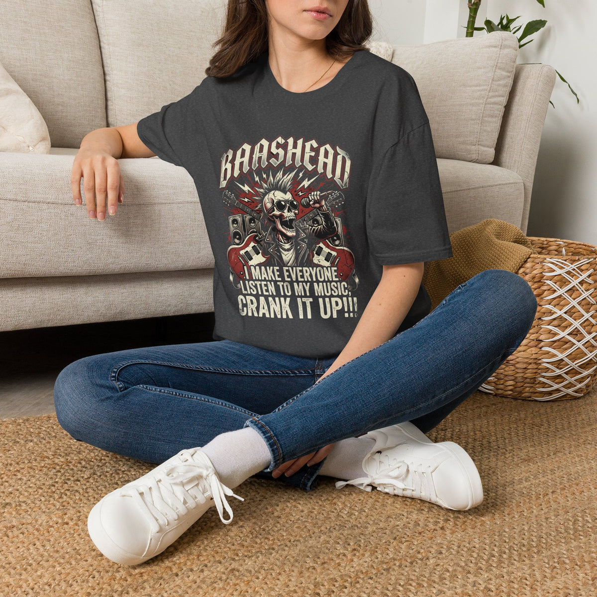 Basshead Skull T-Shirt — “I Make Everyone Listen to My Music, Crank It Up!” Guitar & Speaker Rock Tee