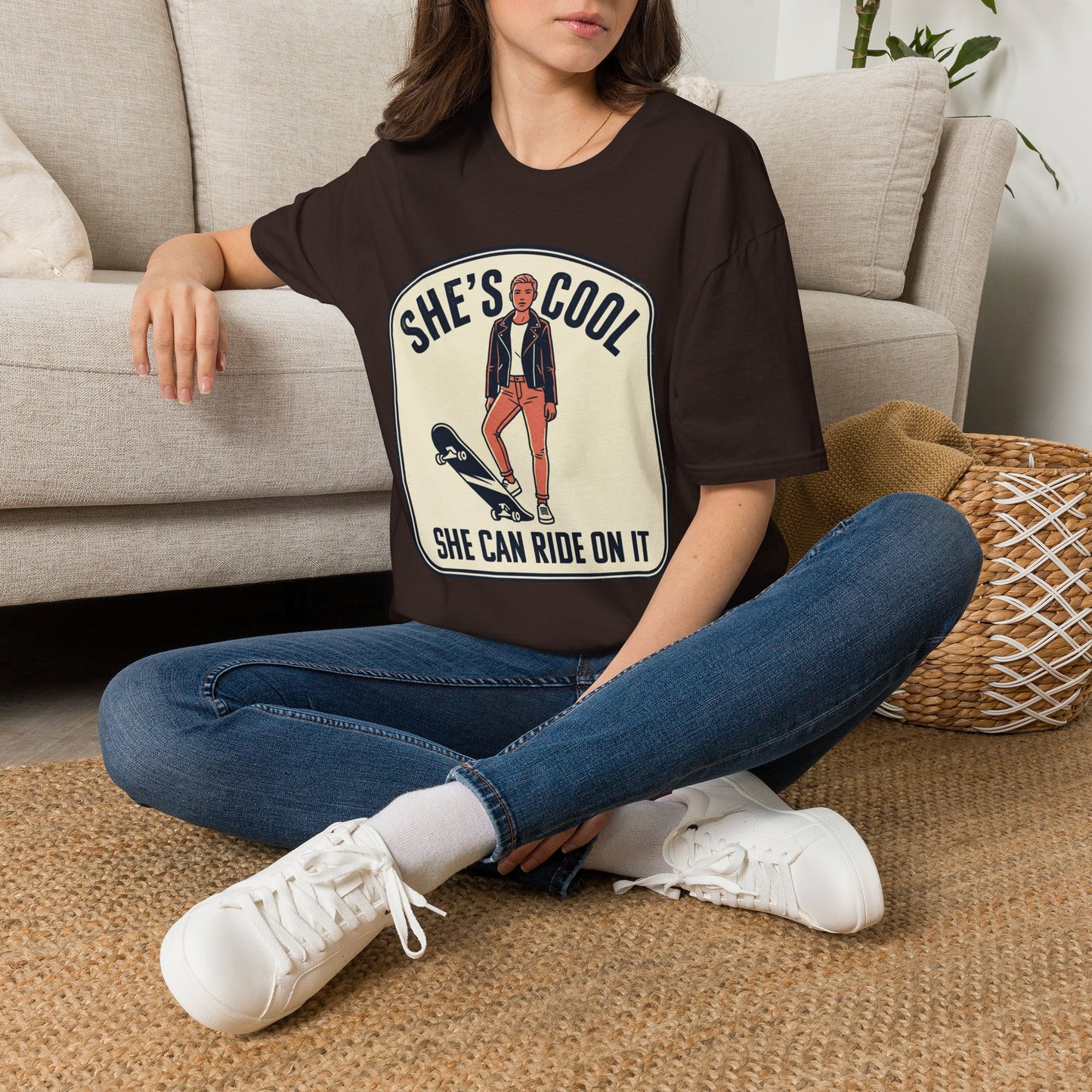 She's Cool Skateboarder T-Shirt — "She's Cool, She Can Ride On It" Retro Graphic Tee