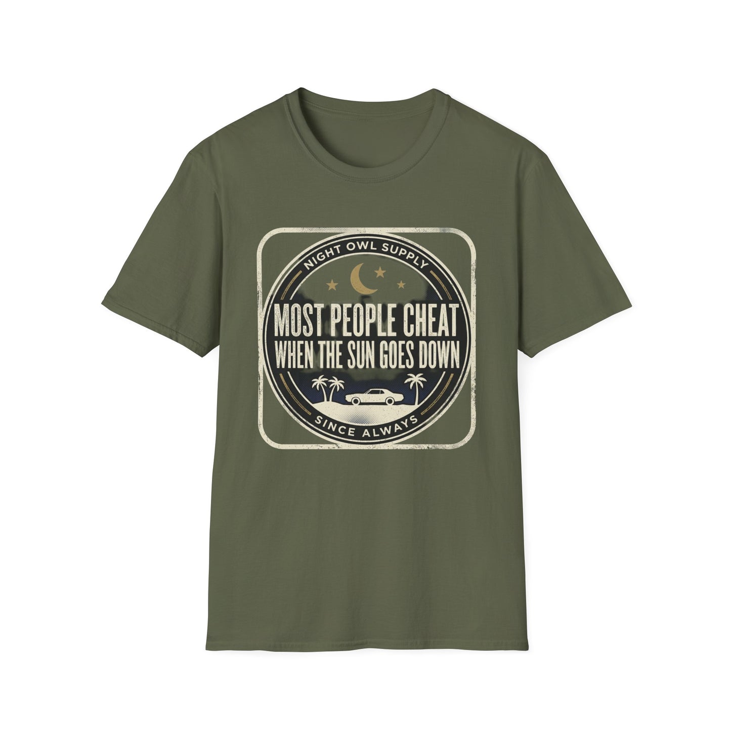 “Most People Cheat When The Sun Goes Down” Vintage Graphic Tee-Night Owl T-Shirt