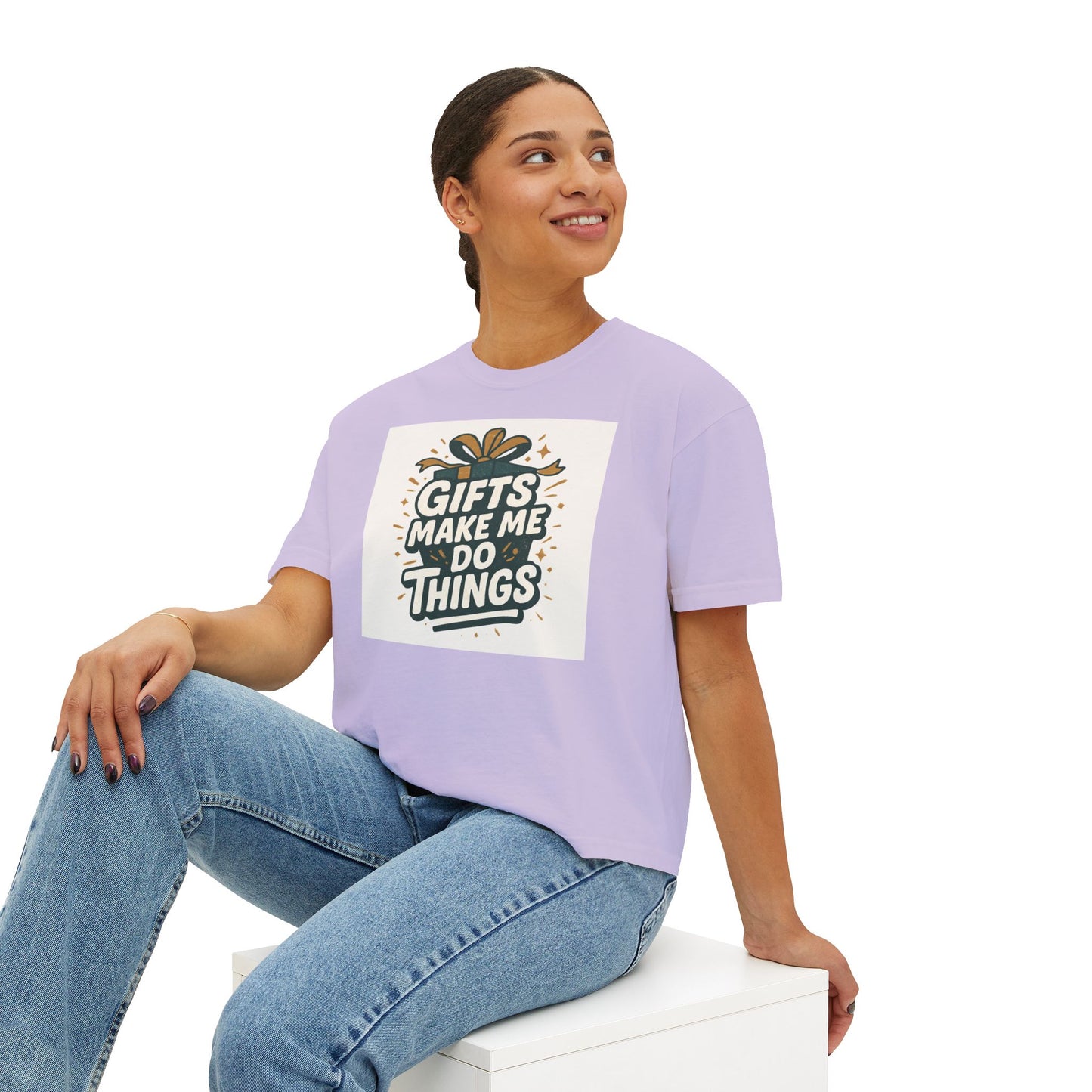 Gifts Make Me Do Things Graphic Boxy Tee — Women’s Casual Crop T-Shirt