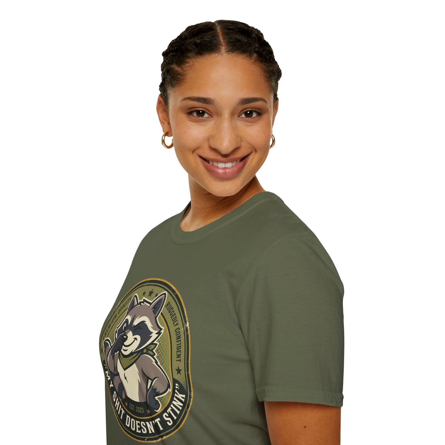 Raccoon Badge T-Shirt — "My Shit Doesn't Stink" Funny Graphic Tee Printify