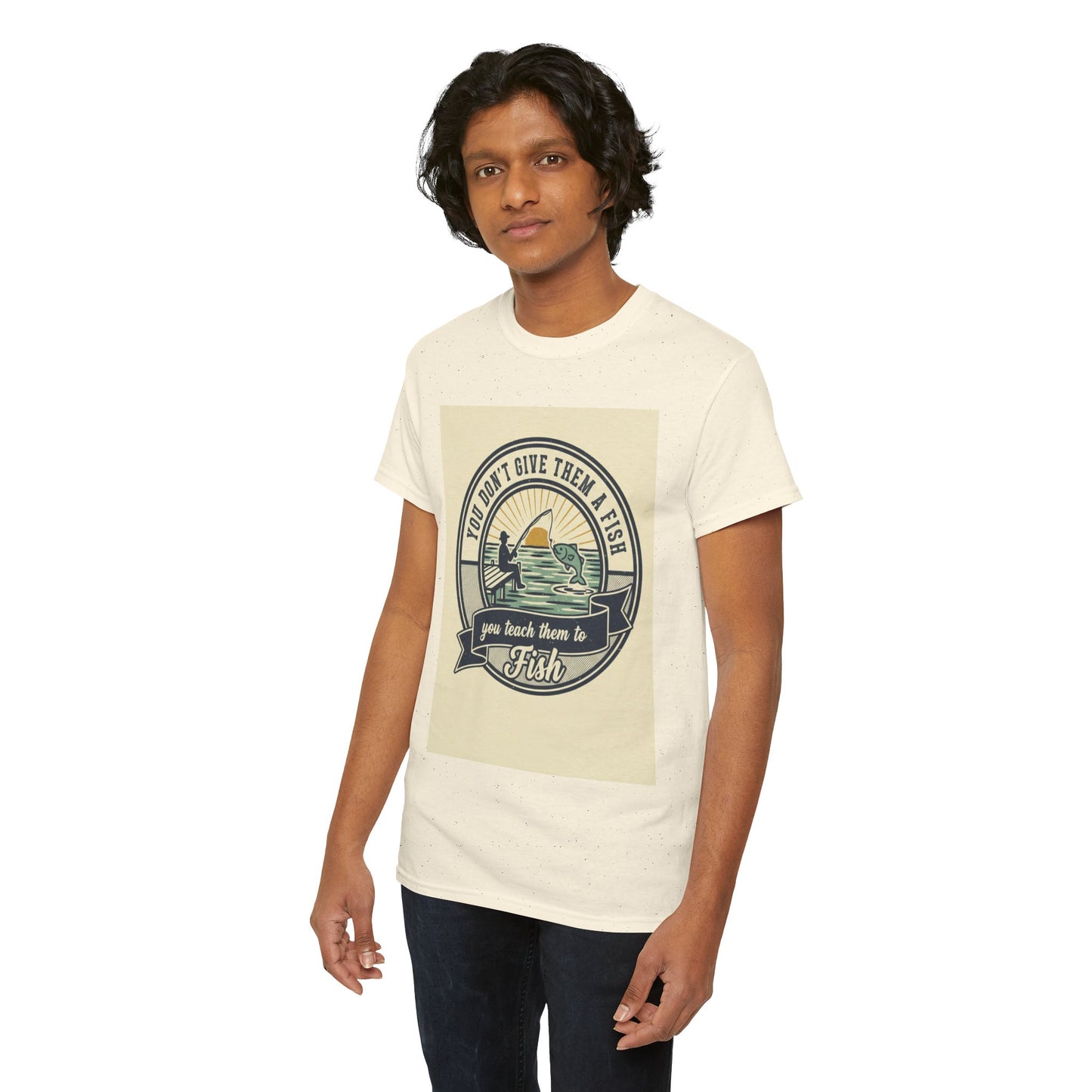 Fishing Vintage Badge T-Shirt — "You Don’t Give Them a Fish, You Teach Them to Fish" Graphic Tee