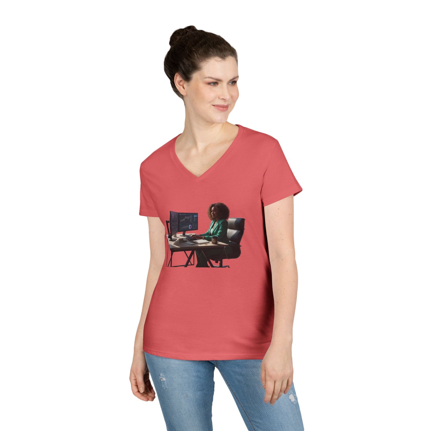 Programmer at Work V-Neck Tee — Female Coder Graphic Shirt