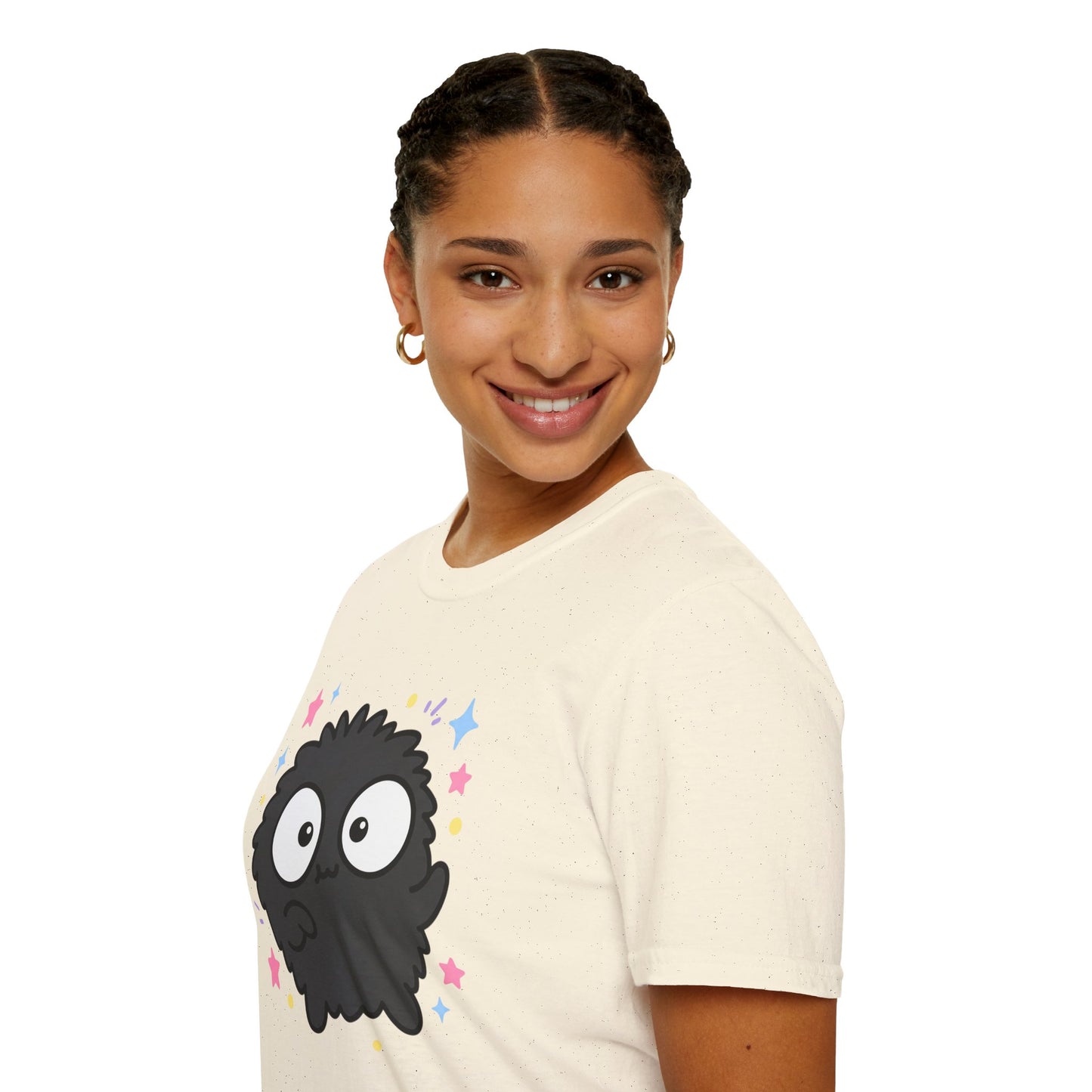 Cute Black Fuzzball T-Shirt — Kawaii Monster Tee with Stars