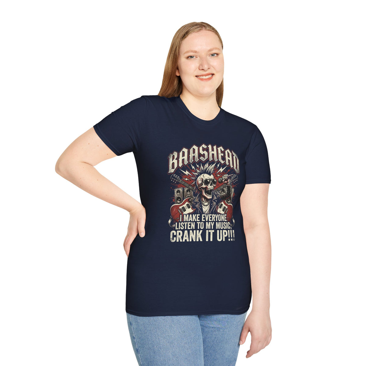 Basshead Skull T-Shirt — “I Make Everyone Listen to My Music, Crank It Up!” Guitar & Speaker Rock Tee