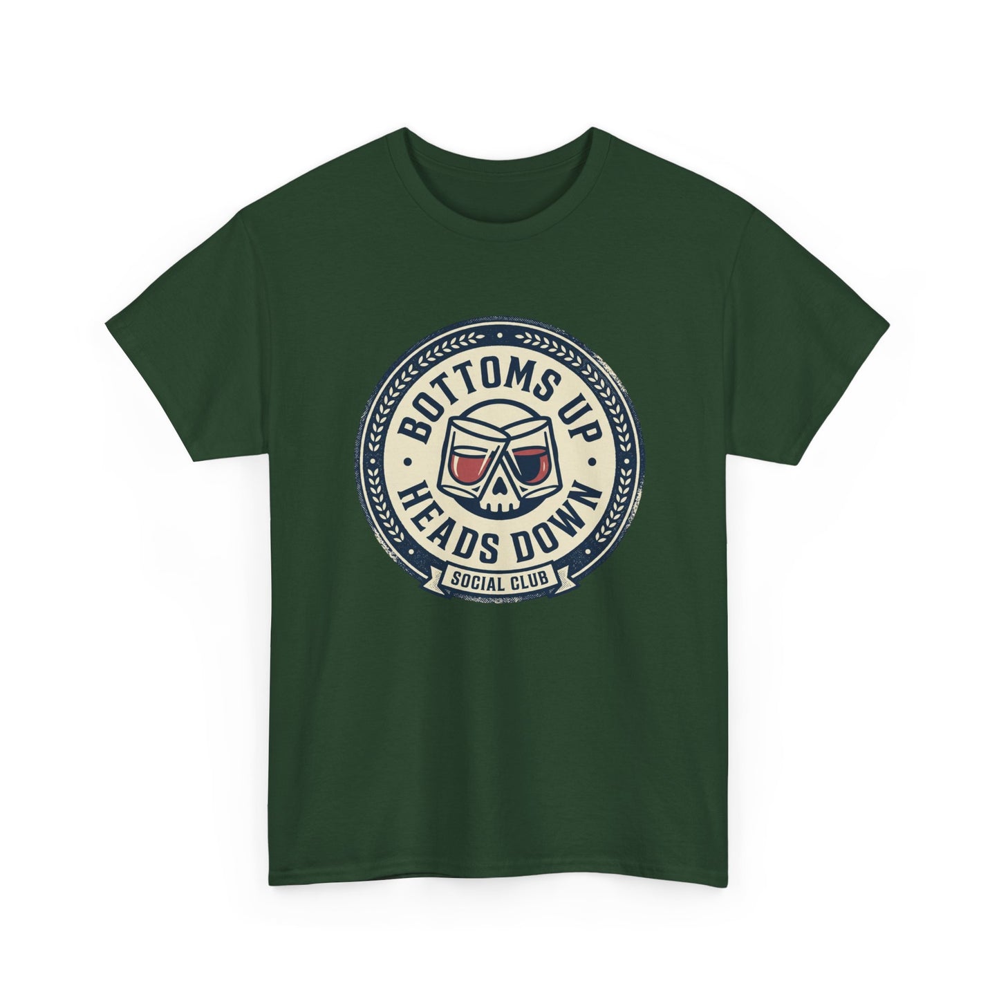 "Bottoms Up Heads Down" Skull Beer Logo Tee