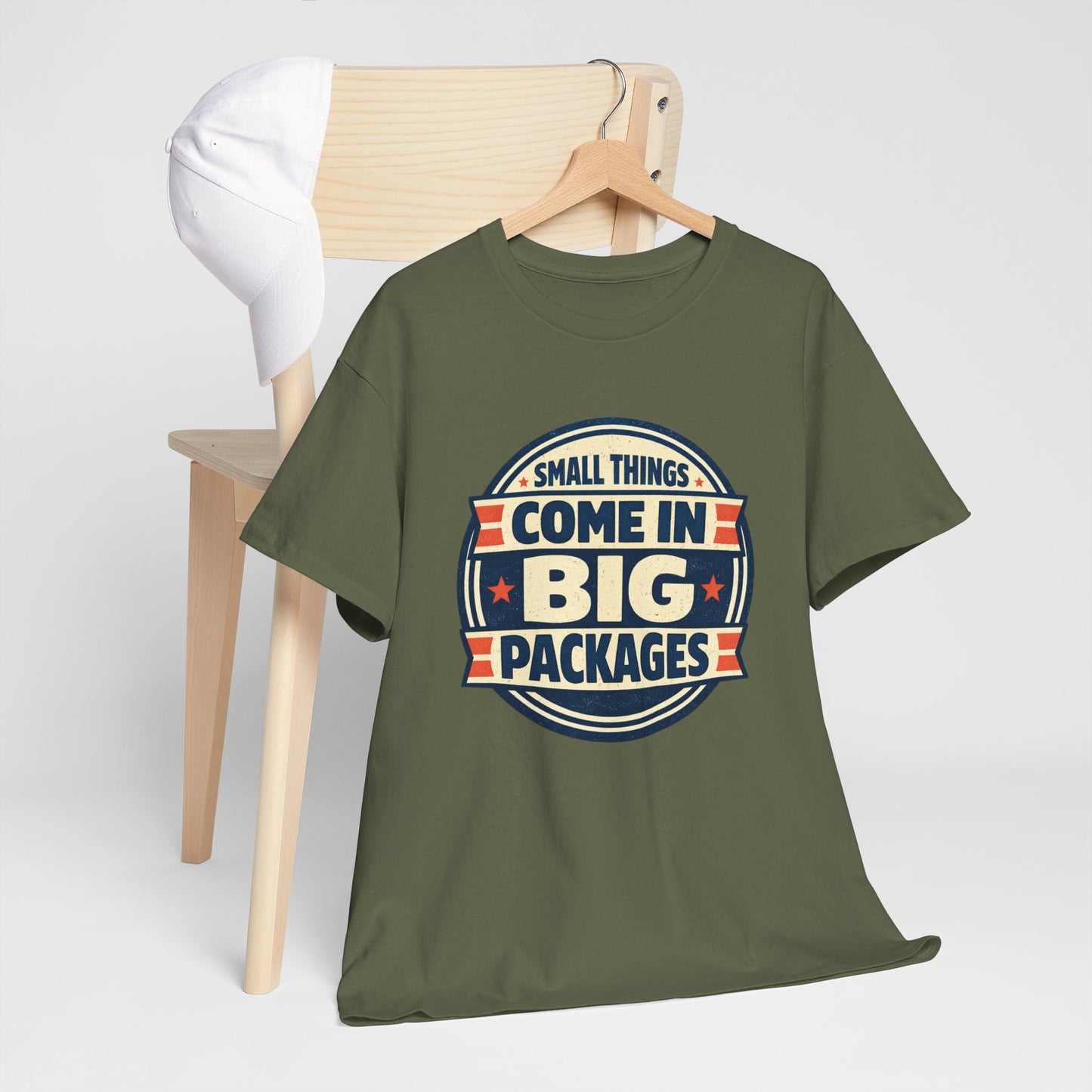 T-Shirt — "Small Things Come in Big Packages" Retro Badge Tee
