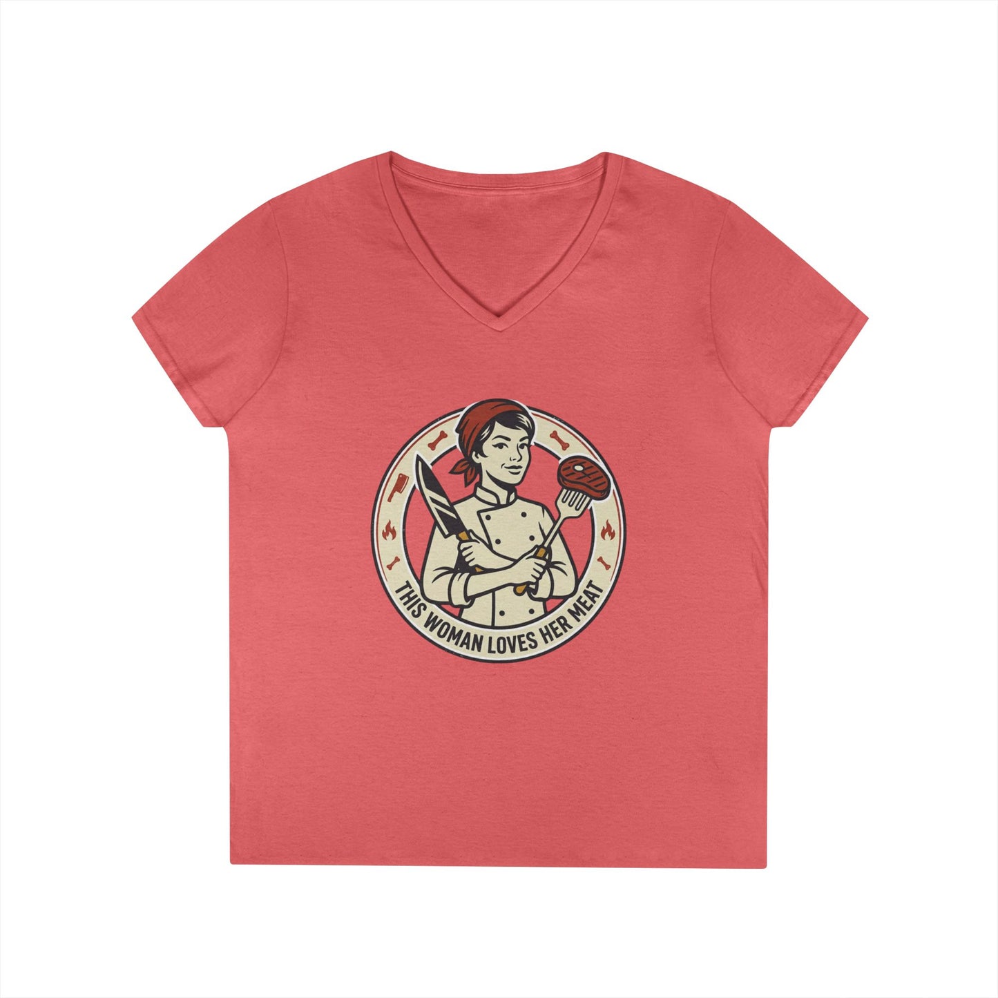 Ladies' V-Neck T-Shirt — "This Woman Loves Her Meat" Chef Graphic Tee