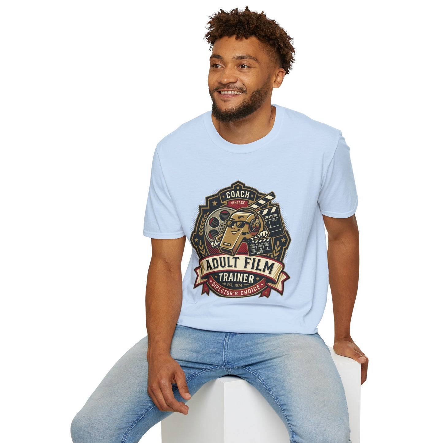 Adult Film Trainer T-Shirt — Vintage Director’s Coach Movie Reel Tee Printify