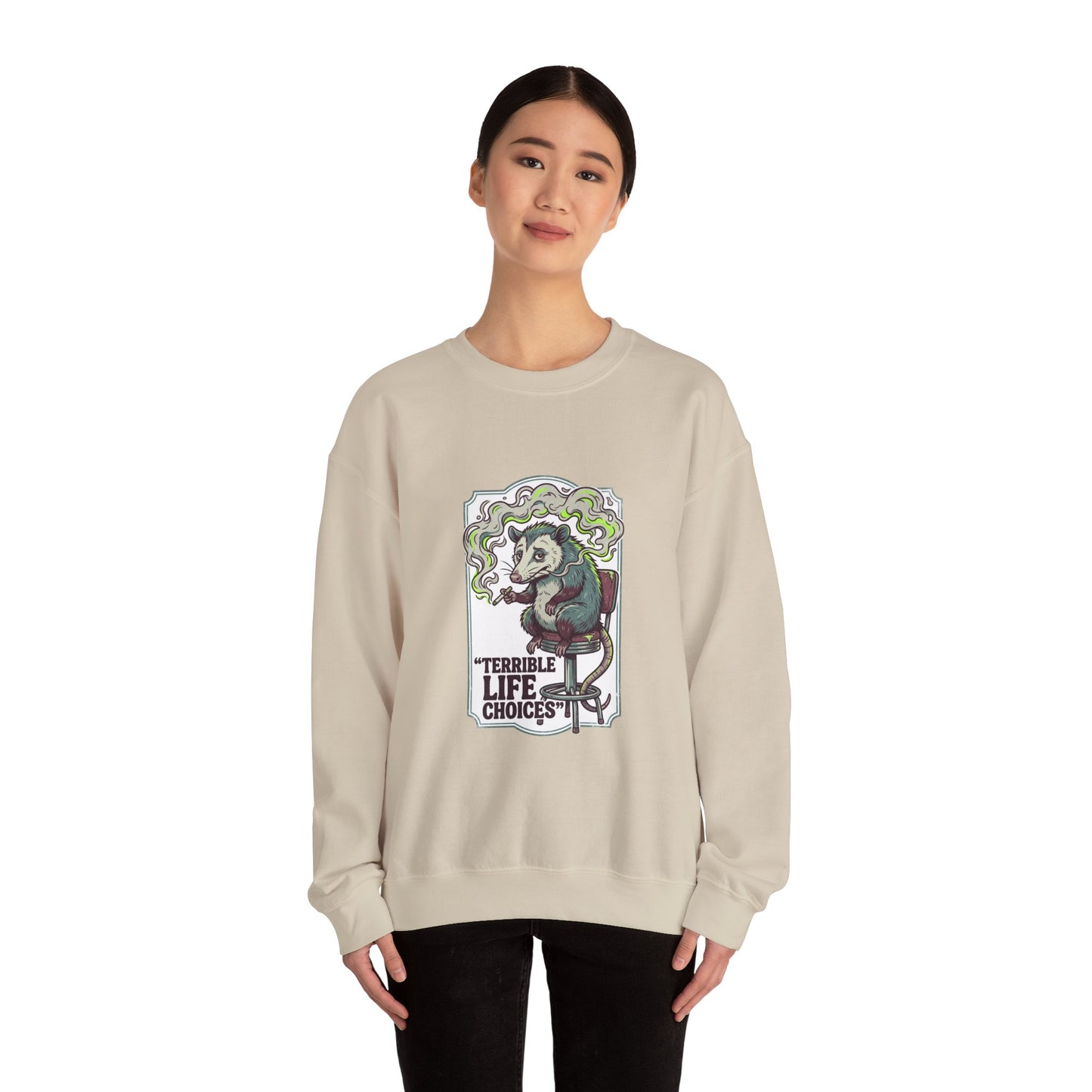 Terrible Life Choices opossum smoking sweatshirt | absurdist animal, ironic alt meme