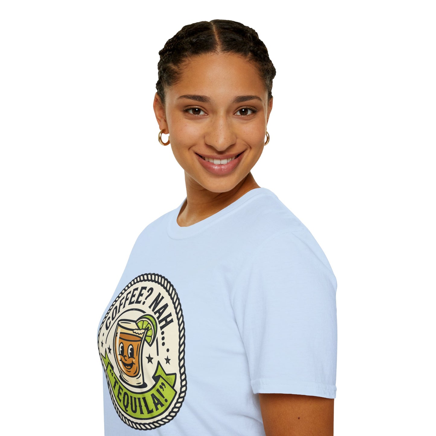 Coffee? Nah, Tequila! T-Shirt – Funny Shot Glass Graphic Tee for Party Lovers