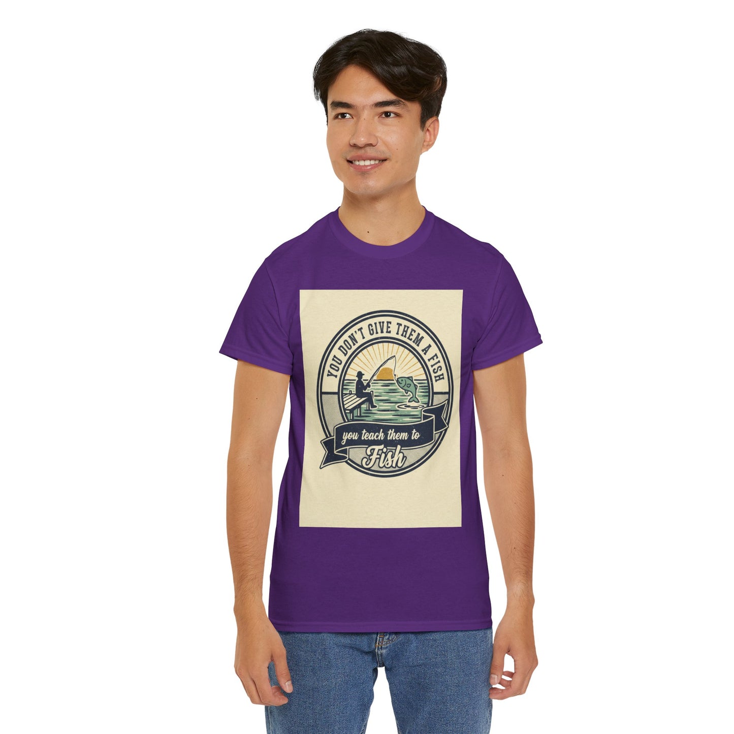 Fishing Vintage Badge T-Shirt — "You Don’t Give Them a Fish, You Teach Them to Fish" Graphic Tee