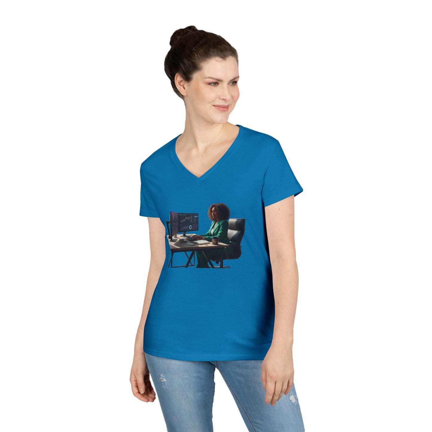 Programmer at Work V-Neck Tee — Female Coder Graphic Shirt