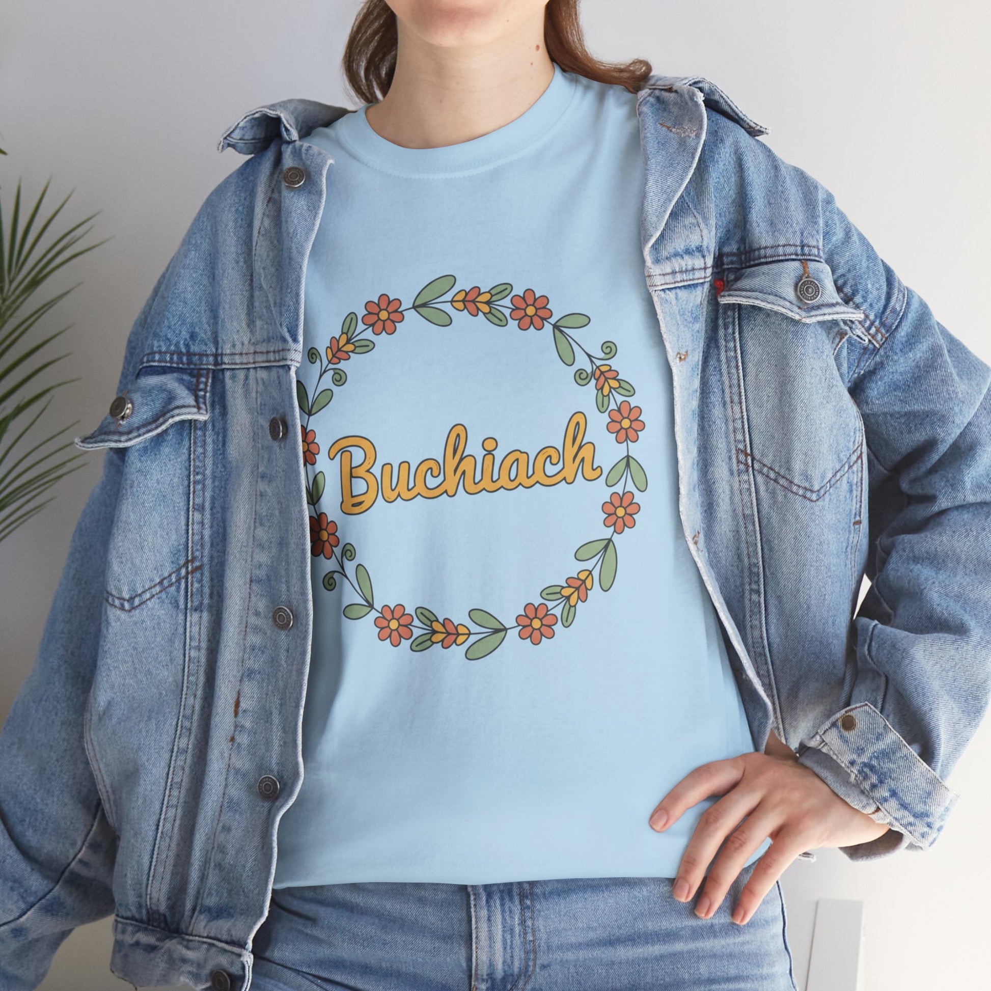 Buchiach Floral Wreath T-Shirt — Retro Script Garden Tee Printify